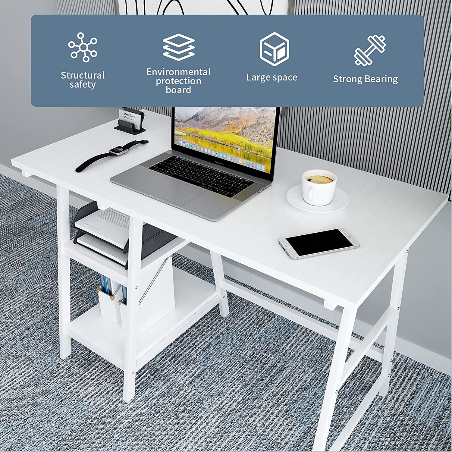 Natwind 43" White Desk Home Office Computer Working Student Study Table with 2-Tier Storage Bookshelves Modern Simple Study Laptop Writing Elegant Style Desk Workstation for Office Home White - Image 2