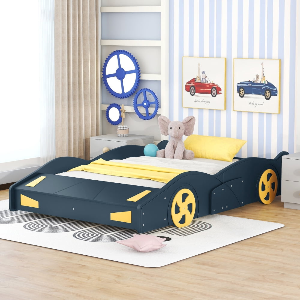 Full Size Modern Race Car-Shaped Platform Bed with Wheels and Storage, Solid Wood Platform Bed Frame with Sturdy Slat Support for Kids, Boys, Girls(Dark Blue) - Image 6