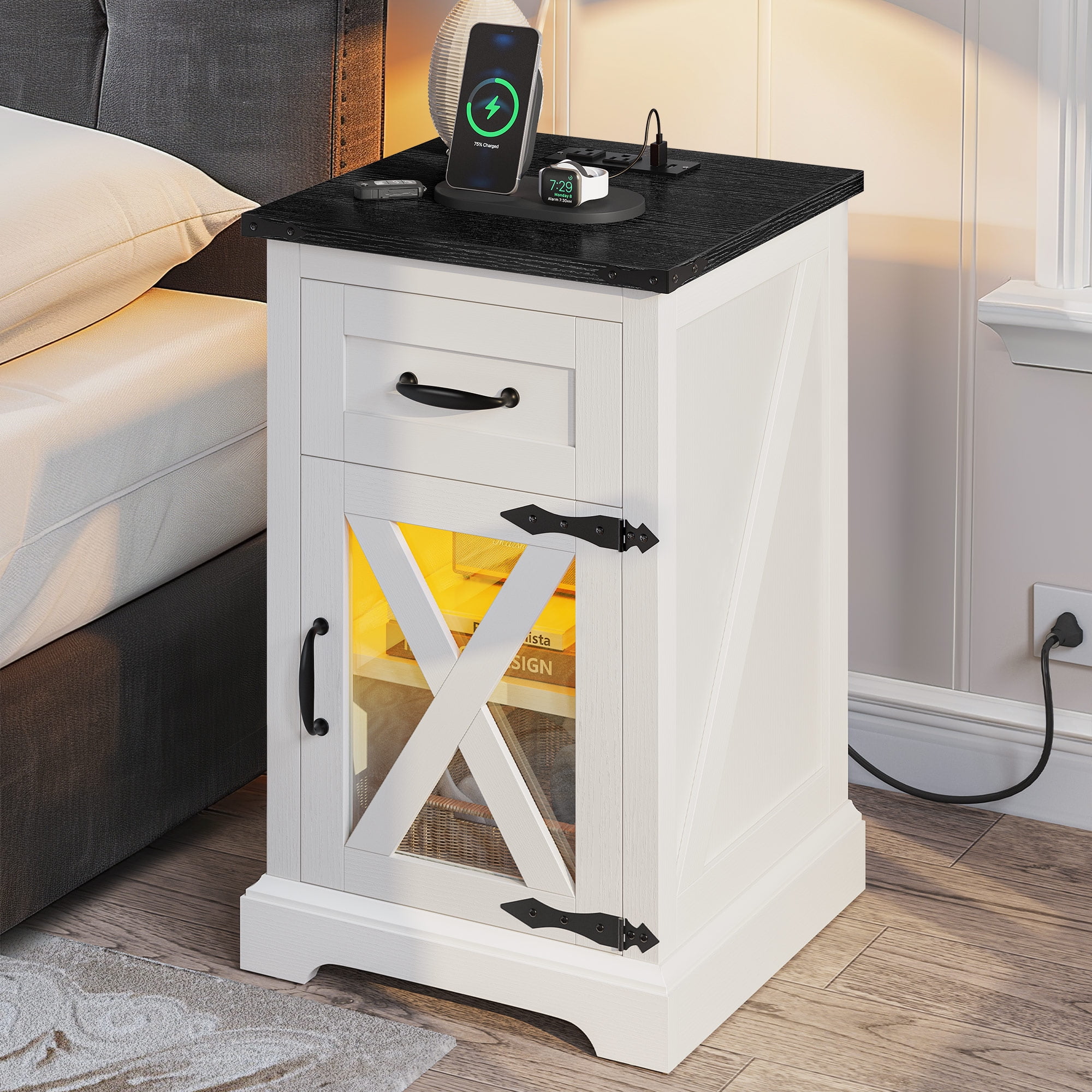 DEXTRUS Farmhouse Nightstand End Table with Charging Station and LED Lights, Side Table with Door & Storage Shelf Nightstand for Living Room Bedroom - White - Image 9