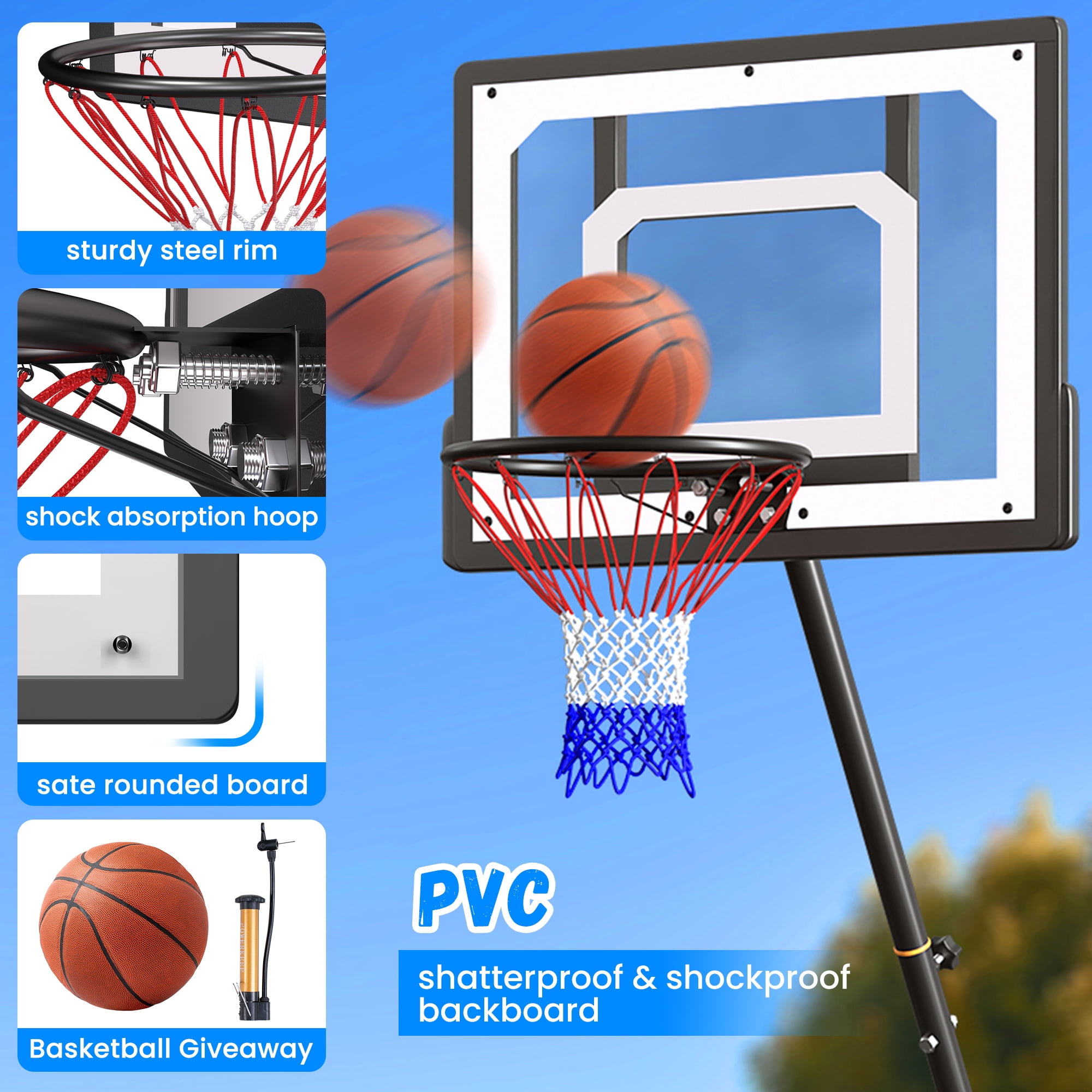 Basketball Hoop with Basketball for Kids Adults 33",Vecukty Adjustable Height 5-8.5' Portable Pool Basketball Goal Outdoor Indoor - Image 6