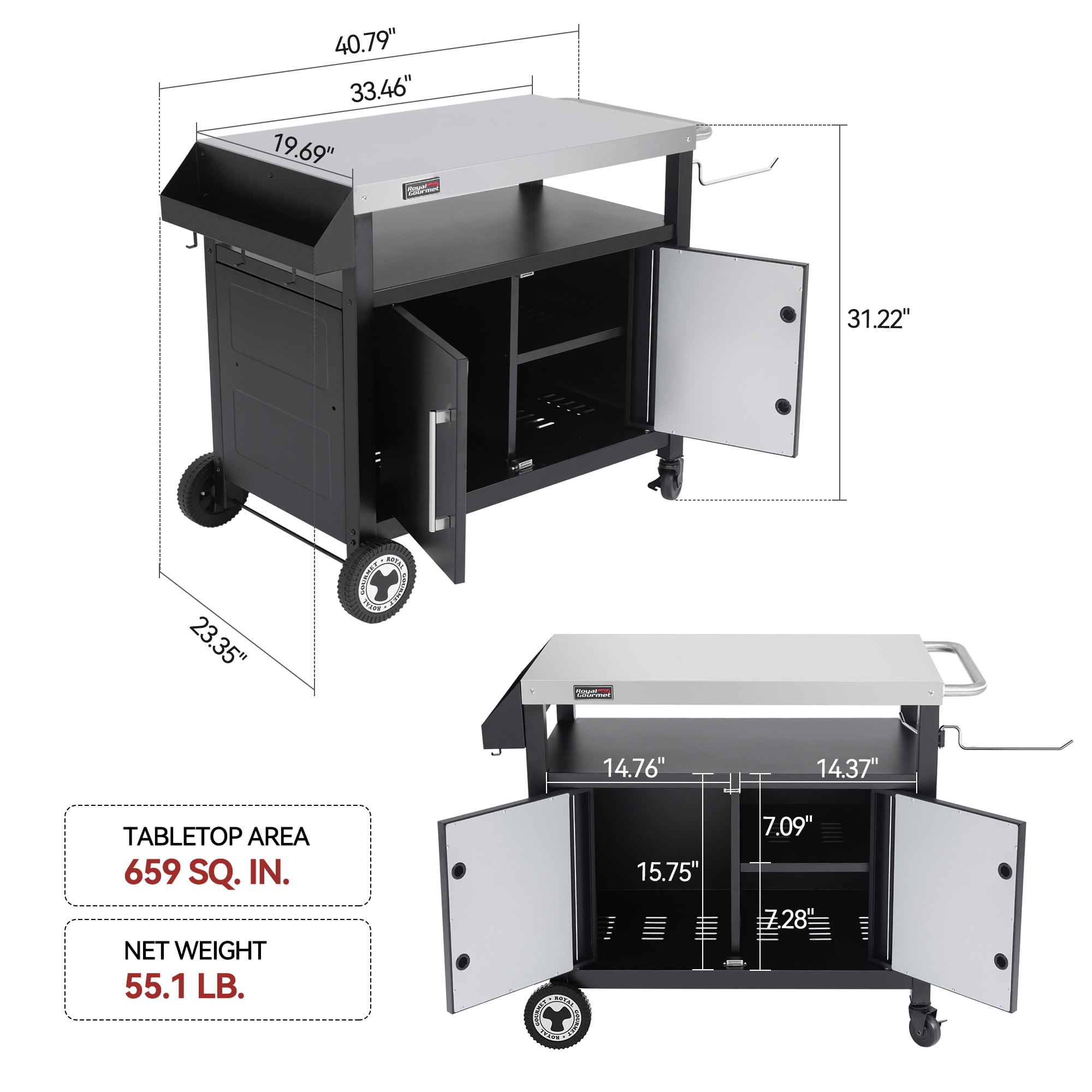 Royal Gourmet PC3403S Movable Kitchen Island Cart, Outdoor Grill Table, Grill Prep Table with Storage - Image 11