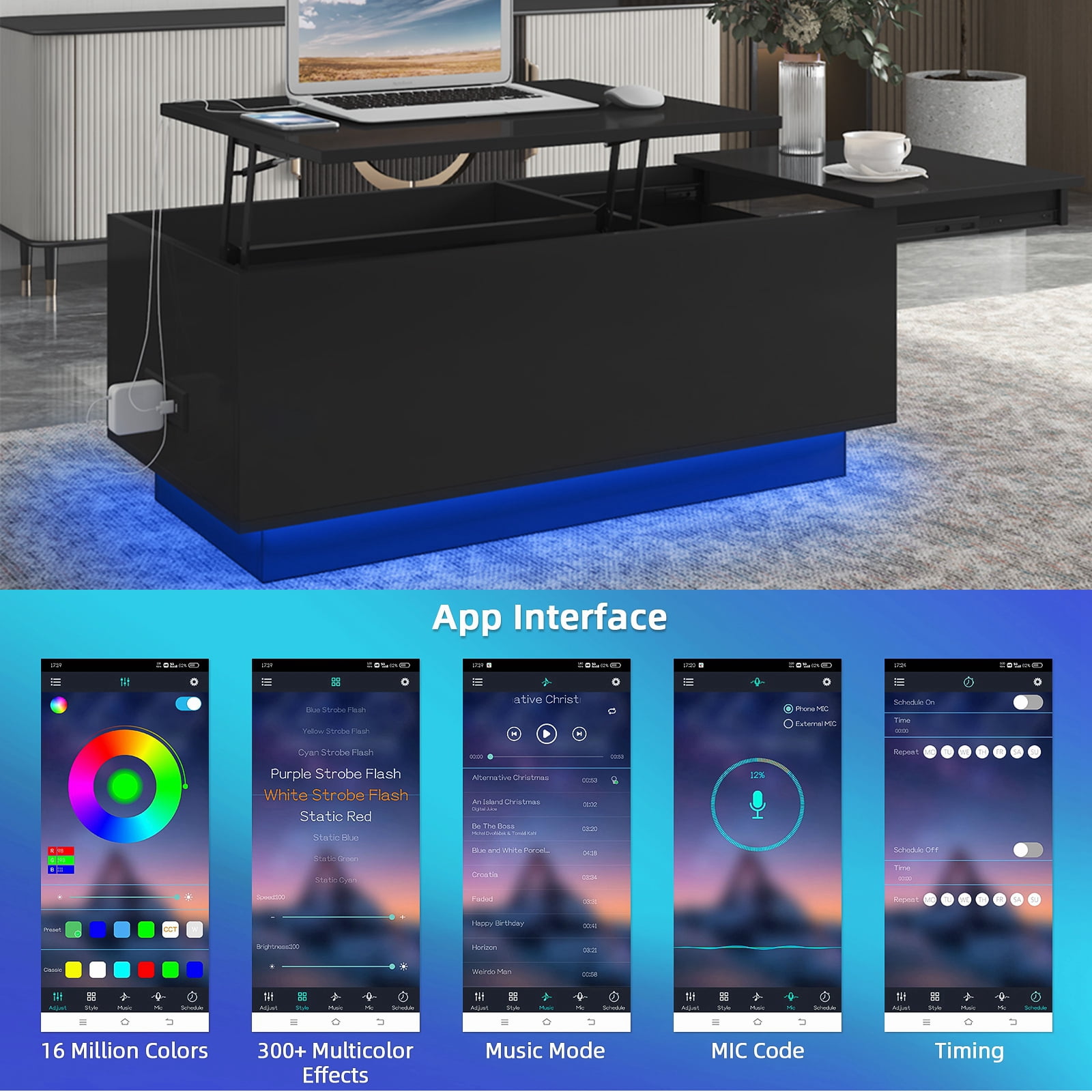 LED Coffee Table with Lift Top & Charging Station Small Dining Table with Hidden Compartment for Living Room - Image 3