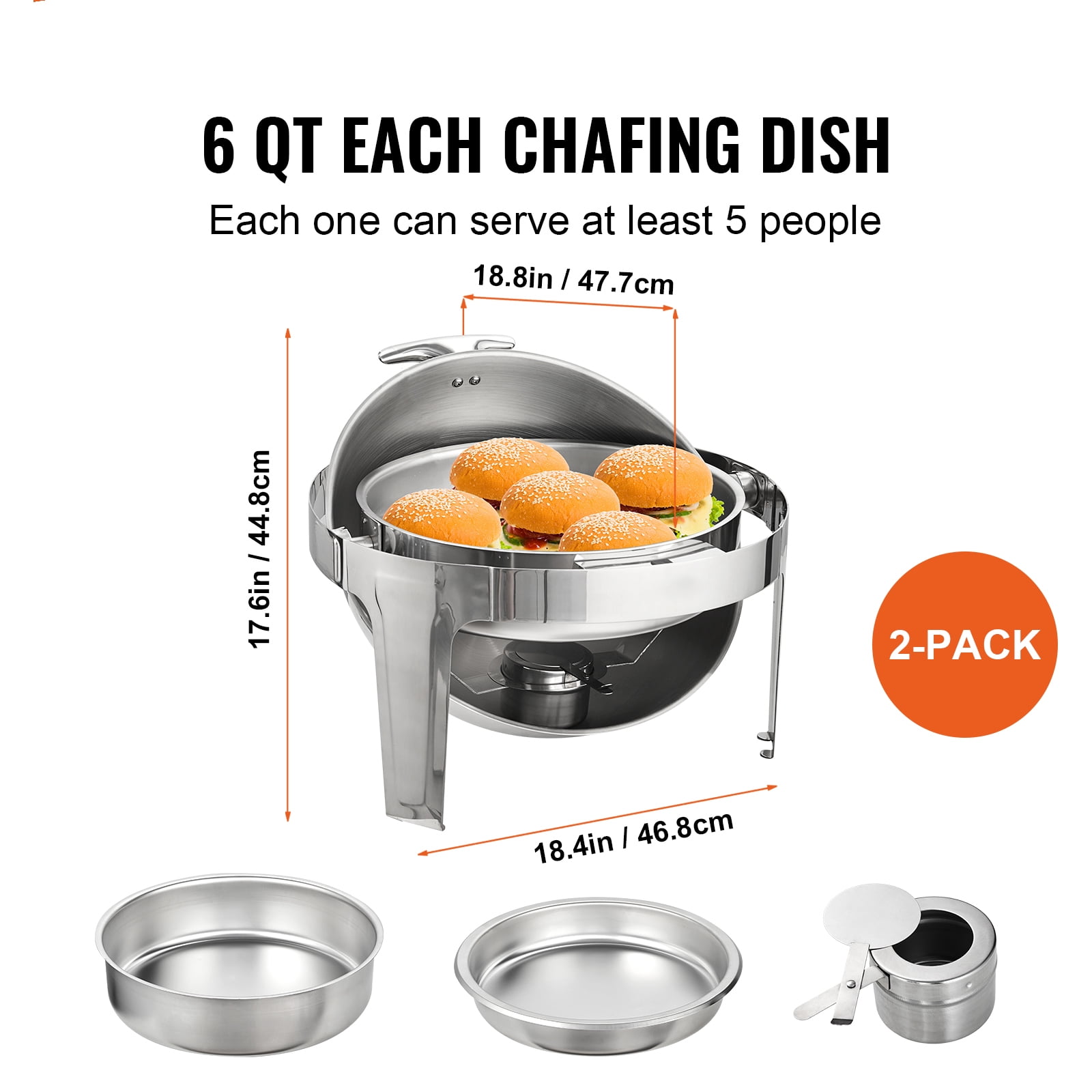 VEVOR 2 Pack Roll Top Chafing Dish Buffet Set, 6 Qt Stainless Steel Chafer with 2 Full Size Pans, Round Catering Warmer Server w/ Lid Water Pan Stand Fuel Holder for Party - Image 8