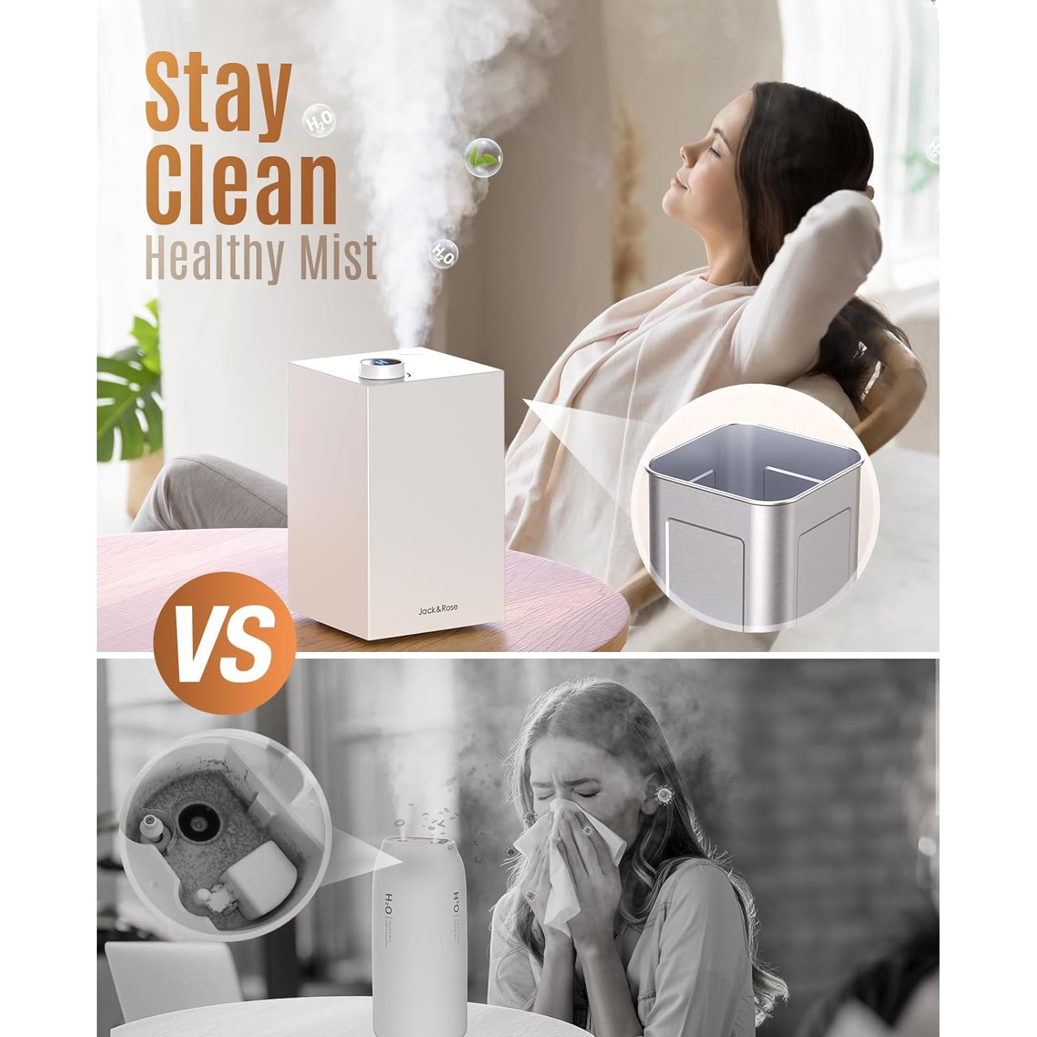 Jack & Rose Stainless Steel Humidifier Large Room, 2.5L Cool Mist Humidifiers for Bedroom, Quiet 4 Level Evaporative Humidifier, Easy to Clean Humidifier Dishwasher Safe (Filter Free) - White - Image 8
