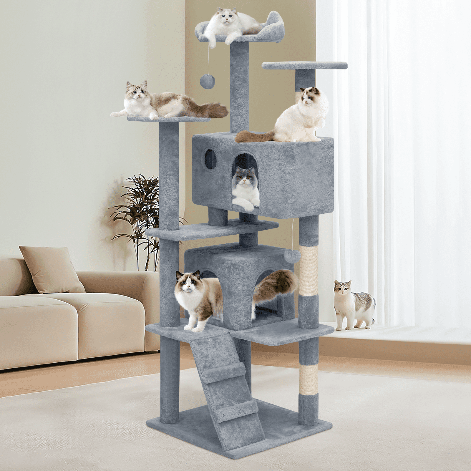 Magshion 60" Multi-Level Cat Tree Tower with Caves, Gentle Ramp, and Pompoms for Indoor Cats, Light Gray - Image 3