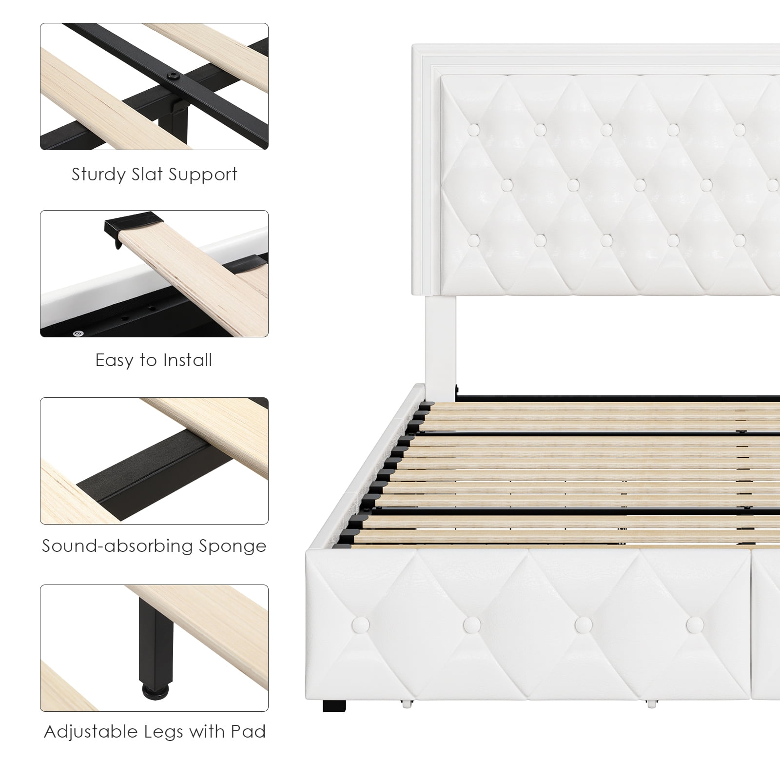 Homfa Queen LED Bed with 4 Drawers, LED Lights Platform Storage Bed Frame with Upholstered Adjustable Button Tufted Headboard, PU White - Image 10