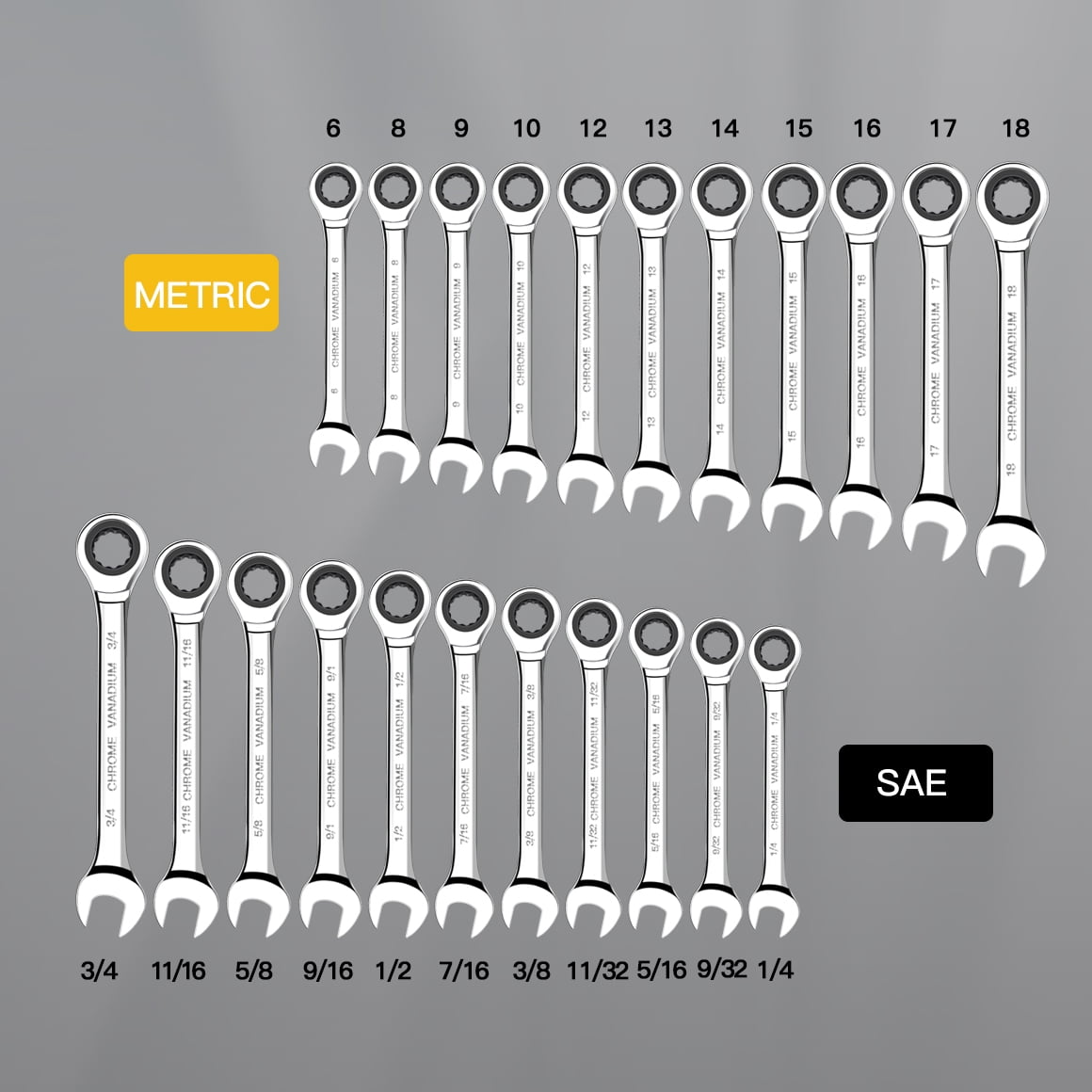 AIRAJ Ratcheting Wrench Set, 22-Piece Combination Wrench Set, SAE 1/4" to 3/4" & Metric 6-18mm, 72 Teeth - Image 4