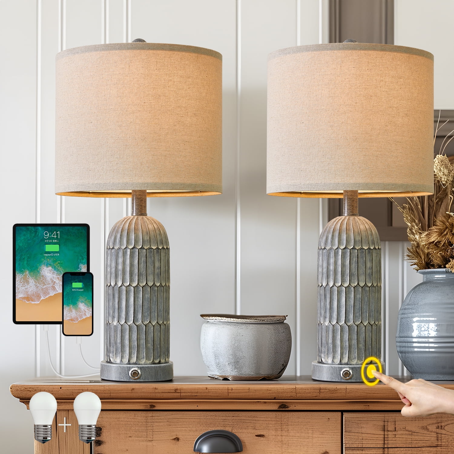 Oneach 3 Way Dimmable Farmhouse Table Lamp Set of 2 with USB Ports for Living Room Bedroom 22.5" Rustic Bedside Nightstands Lamp(Bulbs) - Image 9