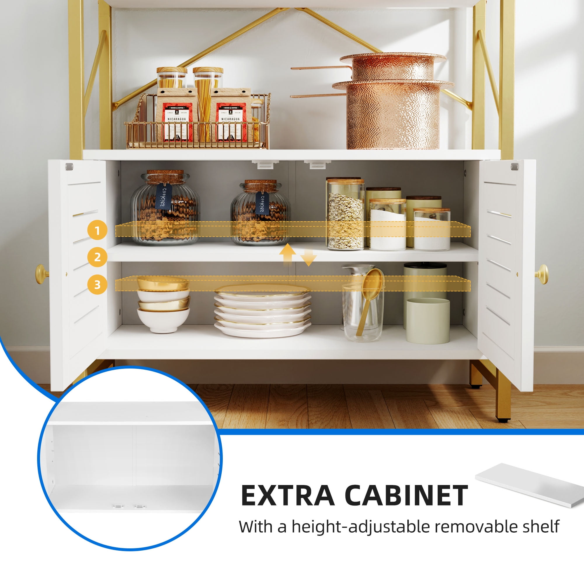 Dextrus 5 Tiers Bookshelf and Bookcase, Freestanding Book Shelves Display Rack with Storage Cabinet for Bedroom Living Room Office,White&Gold - Image 5