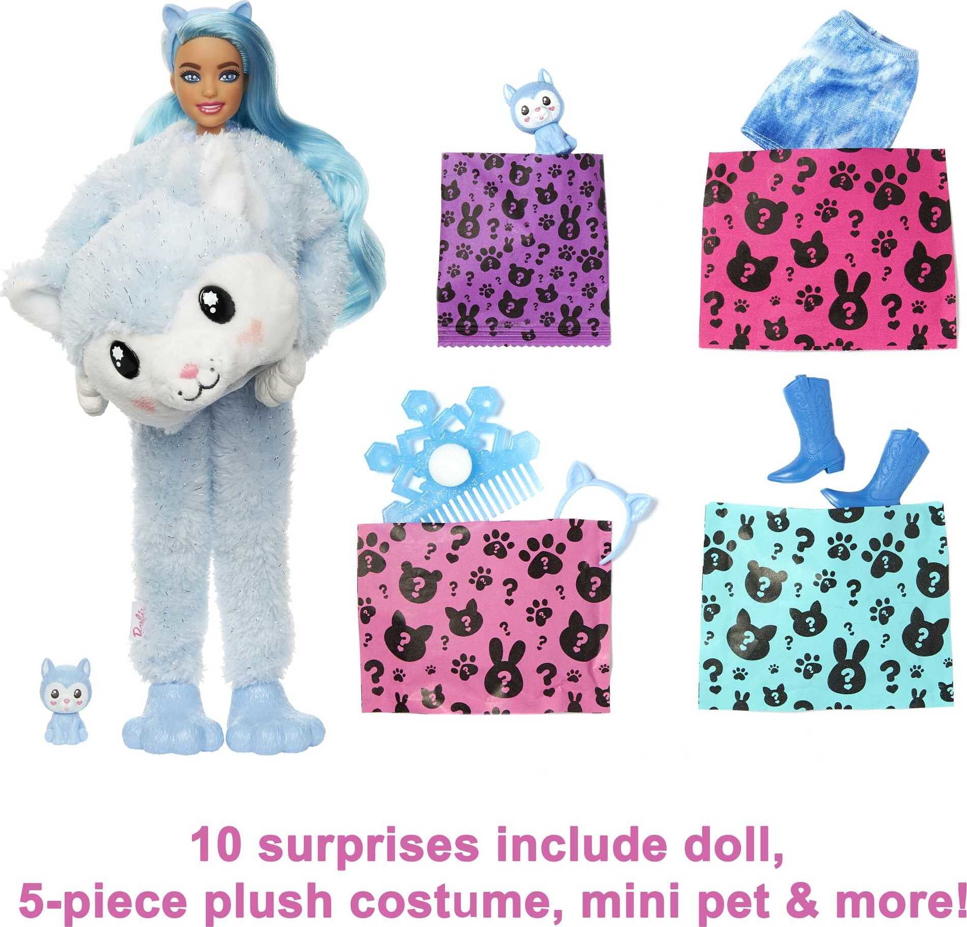 Barbie Cutie Reveal Snowflake Sparkle Fashion Doll with Husky Plush Costume, Mini Pet & Accessories - Image 3