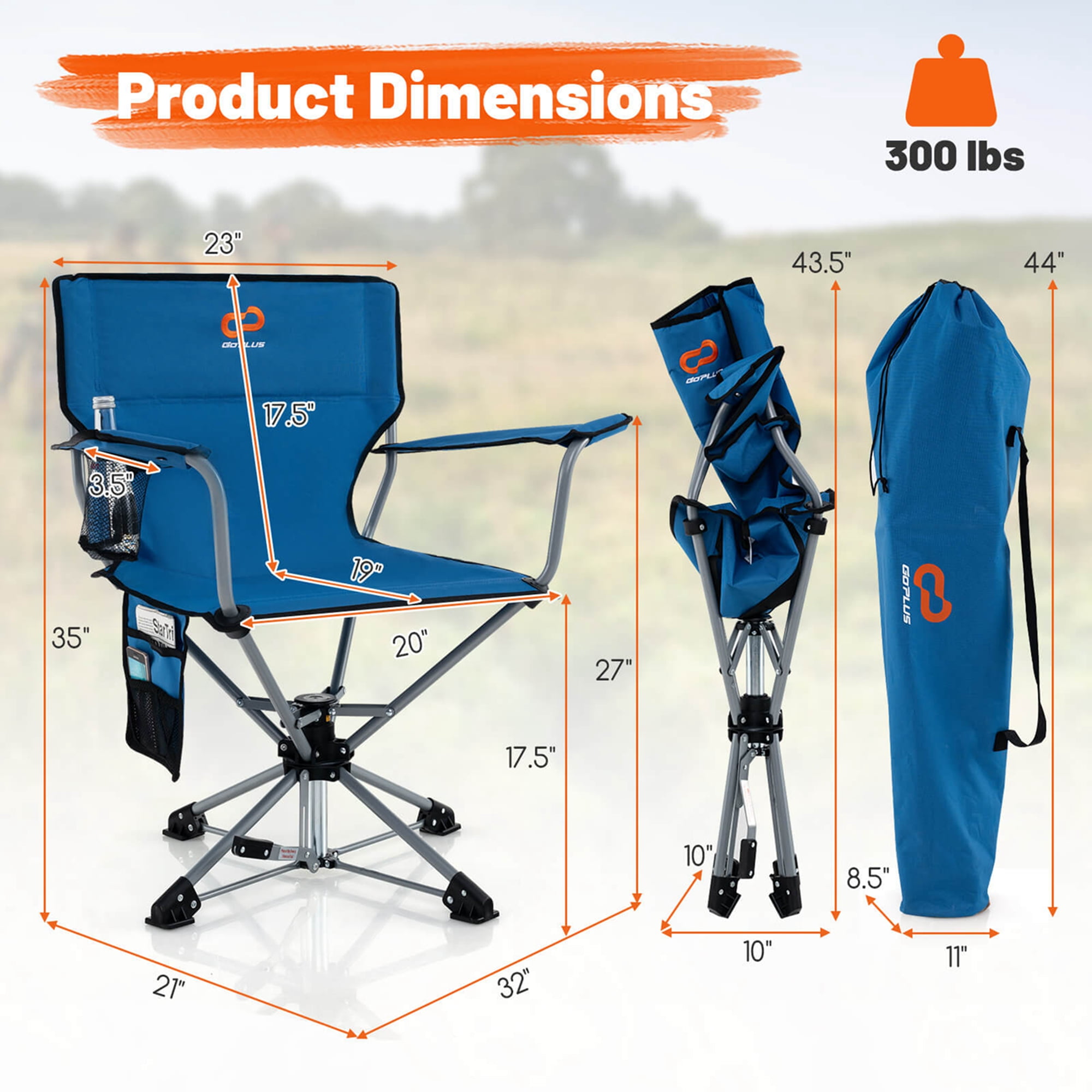 Costway 360° Swivel Hunting Chair with Mesh Cup Holder & Storage Pockets Cozy Backrest Blue - Image 3