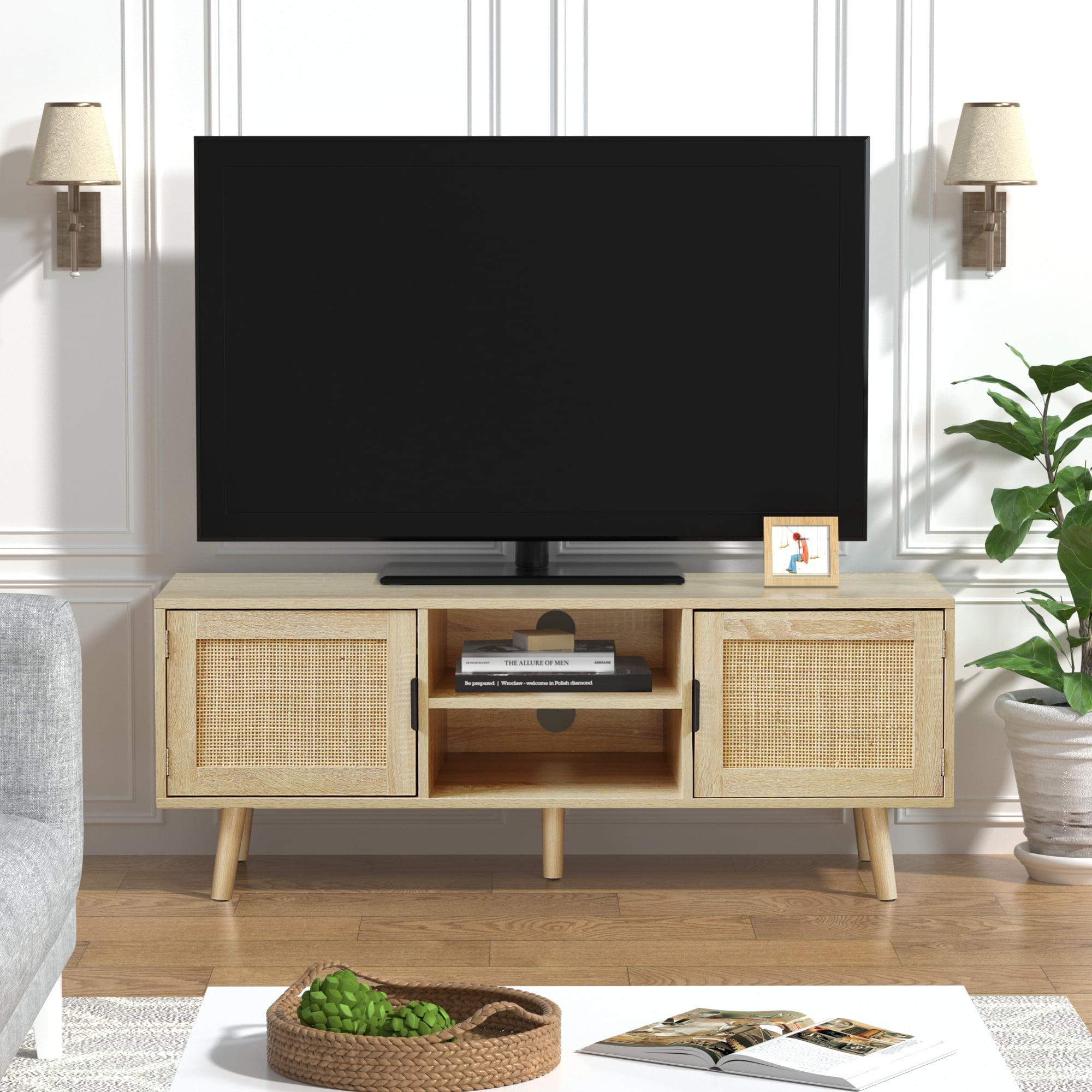 Eumyviv Farmhouse TV Stands for 55 Inch TV,Wood Media Entertainment Center Cabinet Console Table with 2 Rattan Doors, Natural Oak, H0015 - Image 9