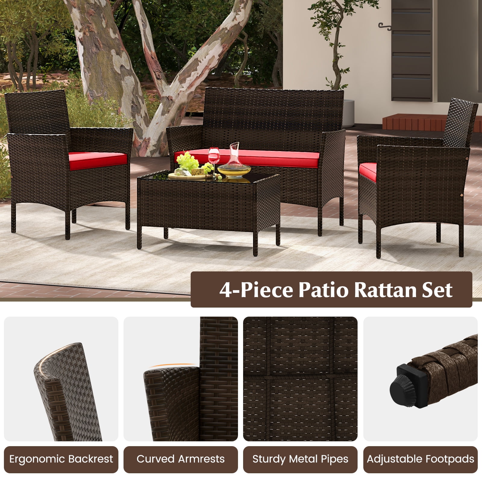 Gymax 4PCS Outdoor Furniture Set Patio Rattan Conversation Set w/ Red Cushion - Image 5