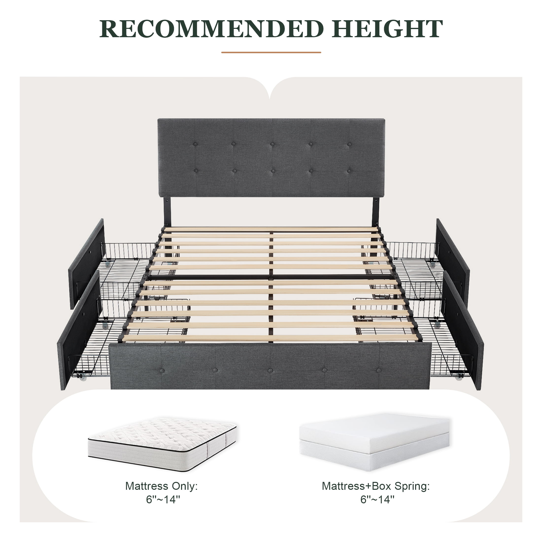 Amolife Queen Size Platform Bed Frame with Square-stitched Headboard and 4 Drawers, Dark Gray - Image 5