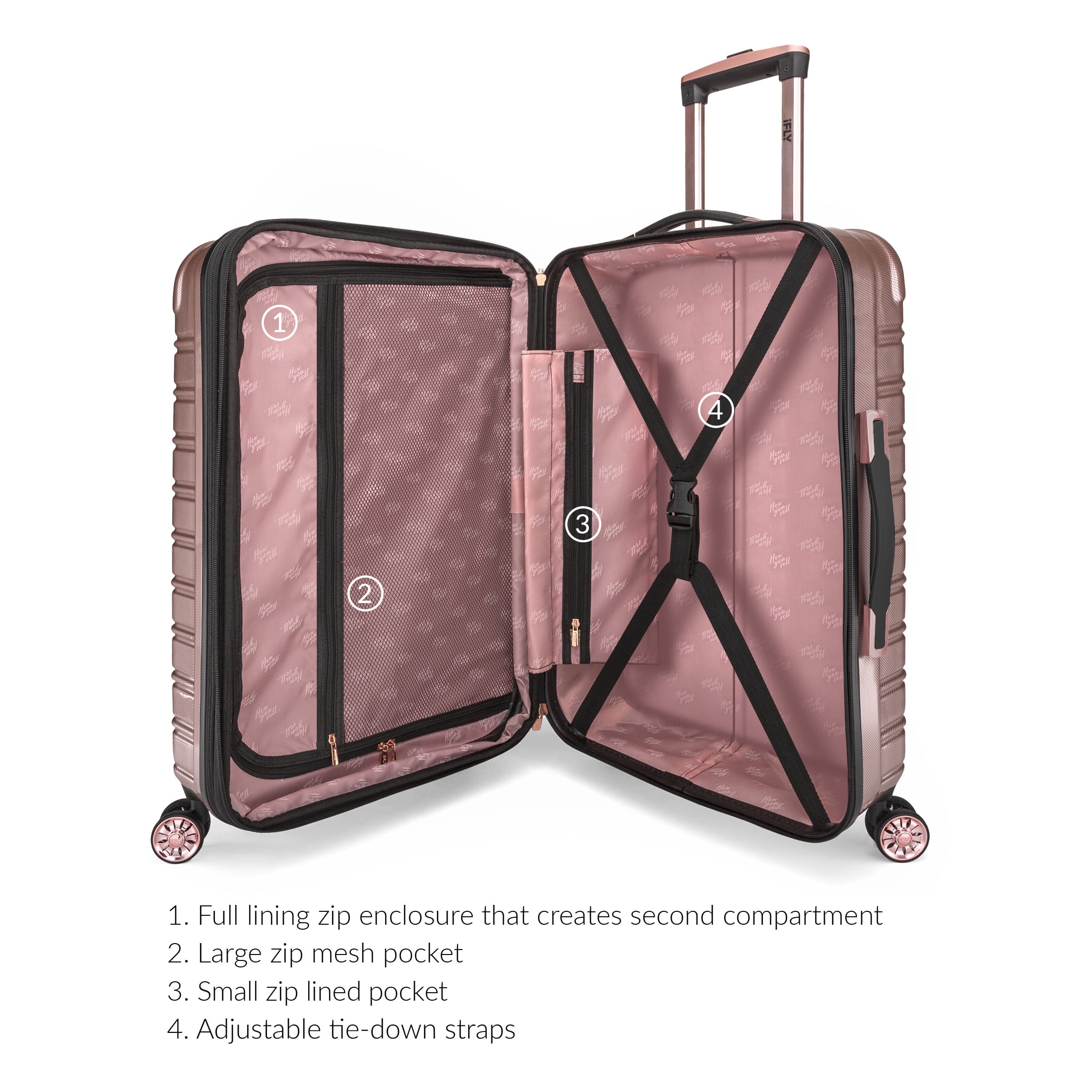 iFLY Hardside Luggage Fibertech 3 Piece Set, 20" Carry-on, 24" Checked Luggage and 28" Checked Luggage, Rose Gold - Image 4
