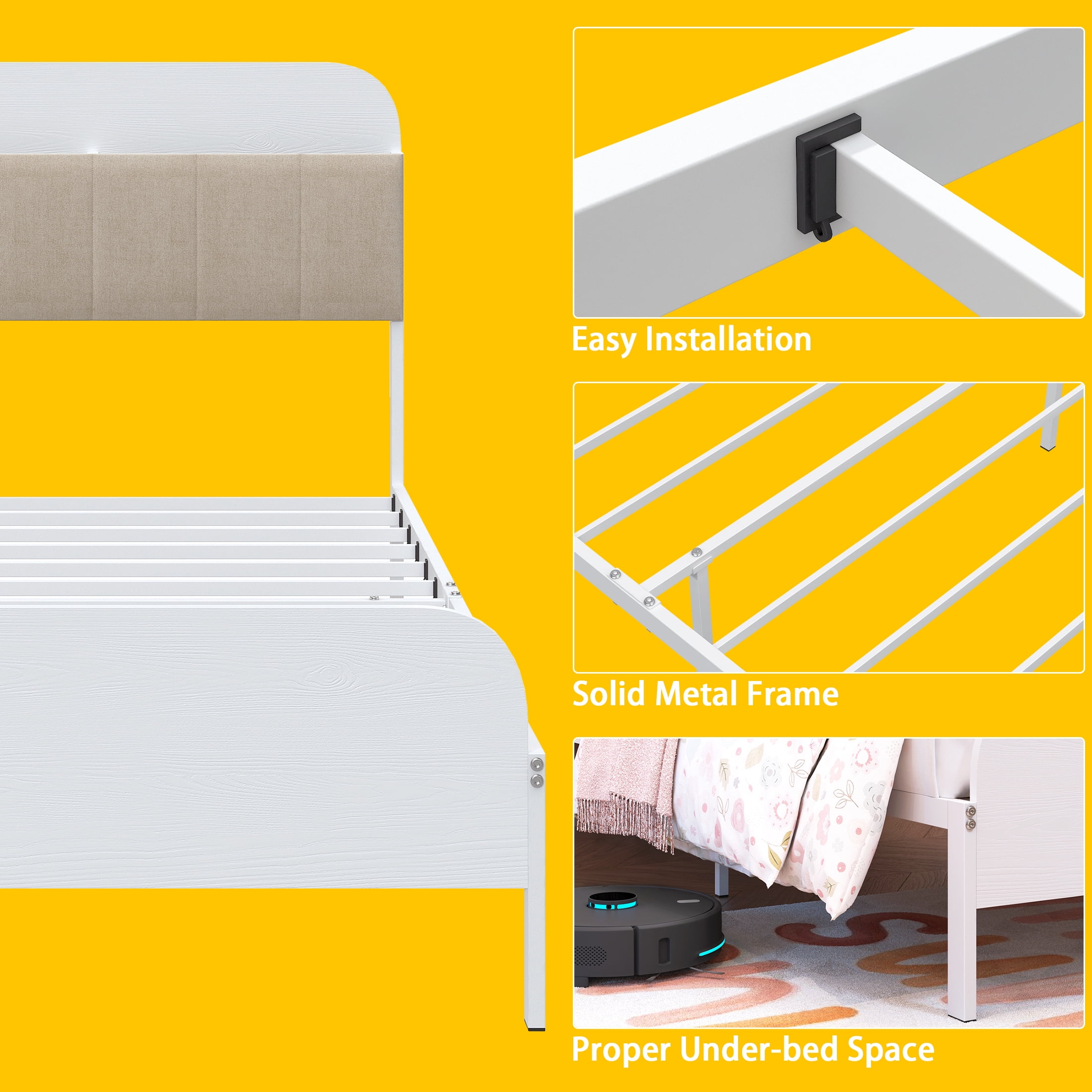 Yoneston Kids Twin Platform Bed with Upholstered Bookcase Headboard Storage Shelves, Metal Bed Frame Easy Assembly for Boys Girls Teens, White - Image 3