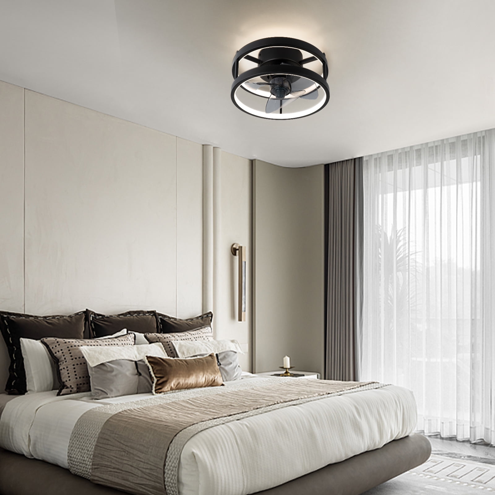 SURNIE 12.2in Metal Black LED Flush Mount Ceiling Fan with Remote Control - Image 6