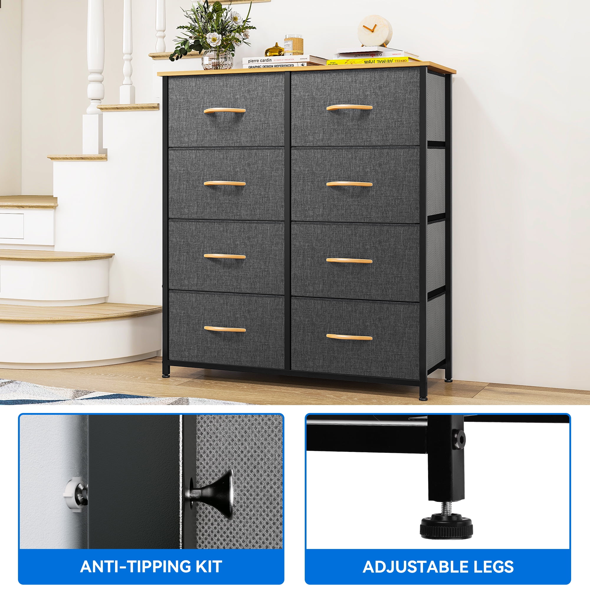 Dextrus 8 Drawer Dresser, Fabric Dressers for Bedroom with Easy Pull Fabric Bins Cool Gray - Image 5