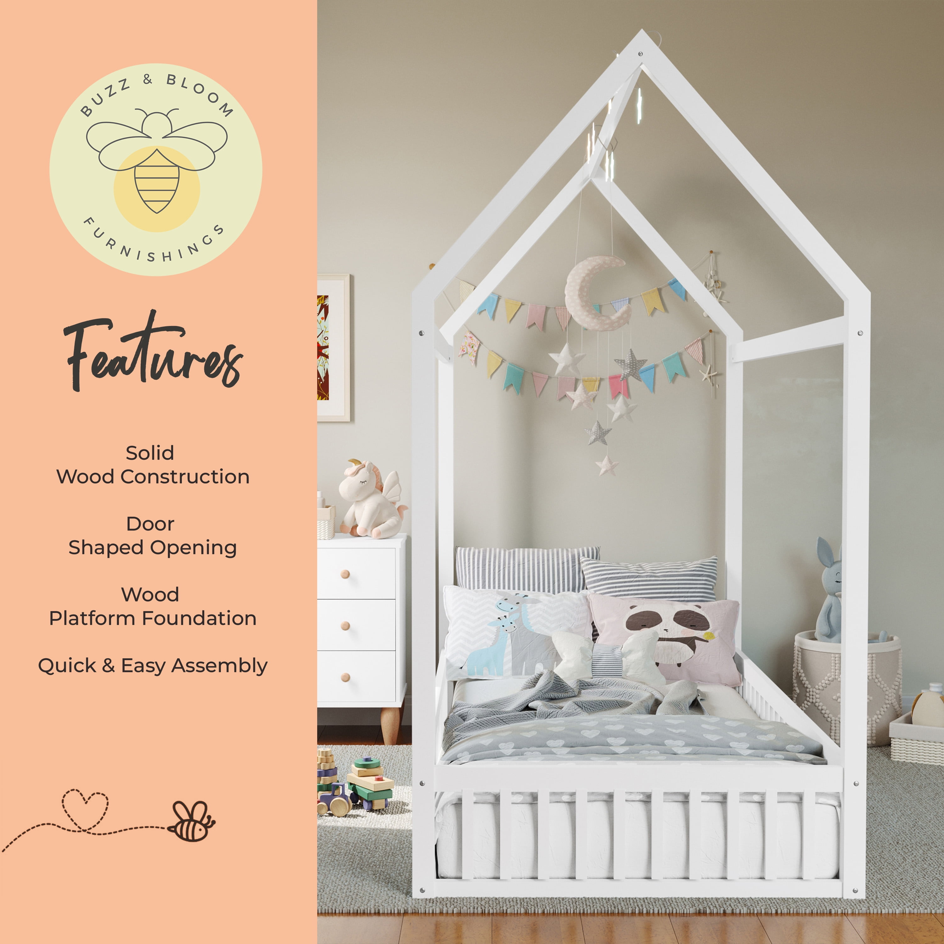 Buzz & Bloom Kids Twin-Size House Shaped Bed with Triangular Top, White - Image 8