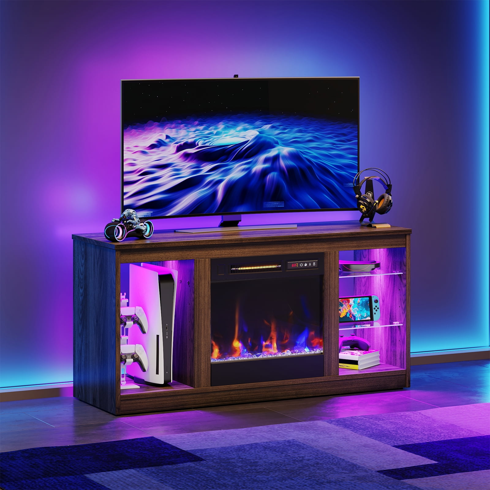 Bestier Modern Electric Fireplace TV Stand for TVs up to 55", with LED and Glass Shelves, Walnut - Image 8