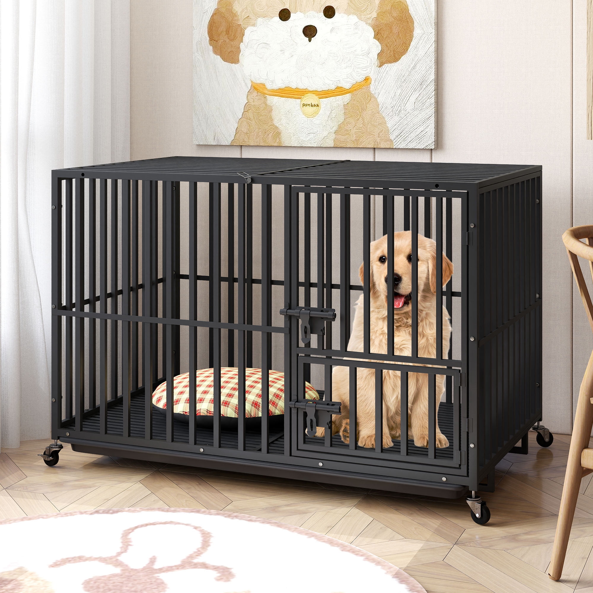 Uforic 48 Inch Heavy Duty Dog Crate Cage Kennel with Wheels, High Anxiety Indestructible, Sturdy Locks Design, 3 Door and Removable Tray, Extra Large XL XXL - Image 5