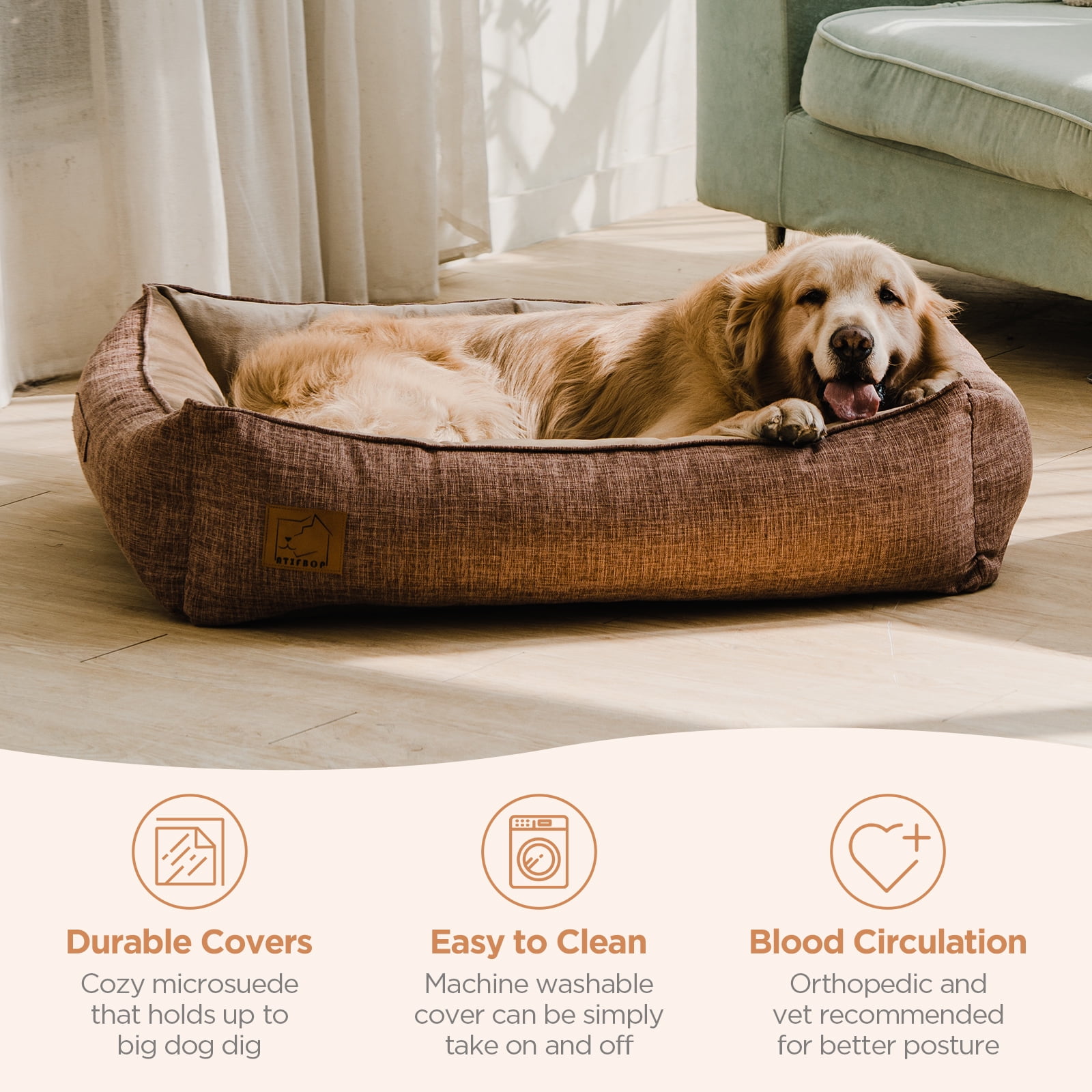 ATIFBOP Orthopedic Dog Bed for Large Dogs, Memory Foam Dog Sofa with Waterproof & Washable Cover, Cooling Energy Gel. Coach, Pain Relief Soft Couch Pet Bed (Brown, 40x31x11 inch) - Image 2
