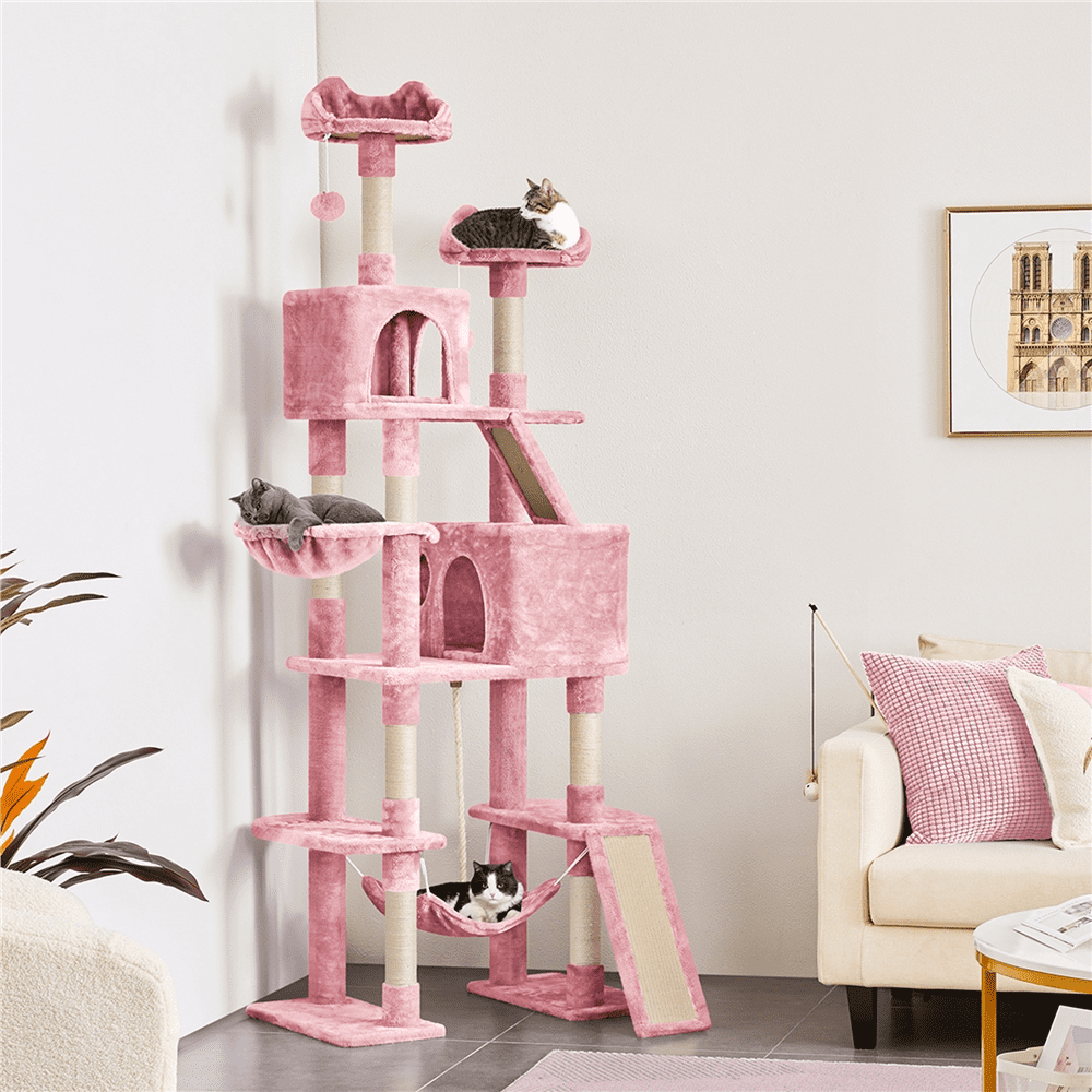 Alden Design 82.5" H Multi Level Cat Tree with 2 Cozy Condos and Basket, Pink - Image 8