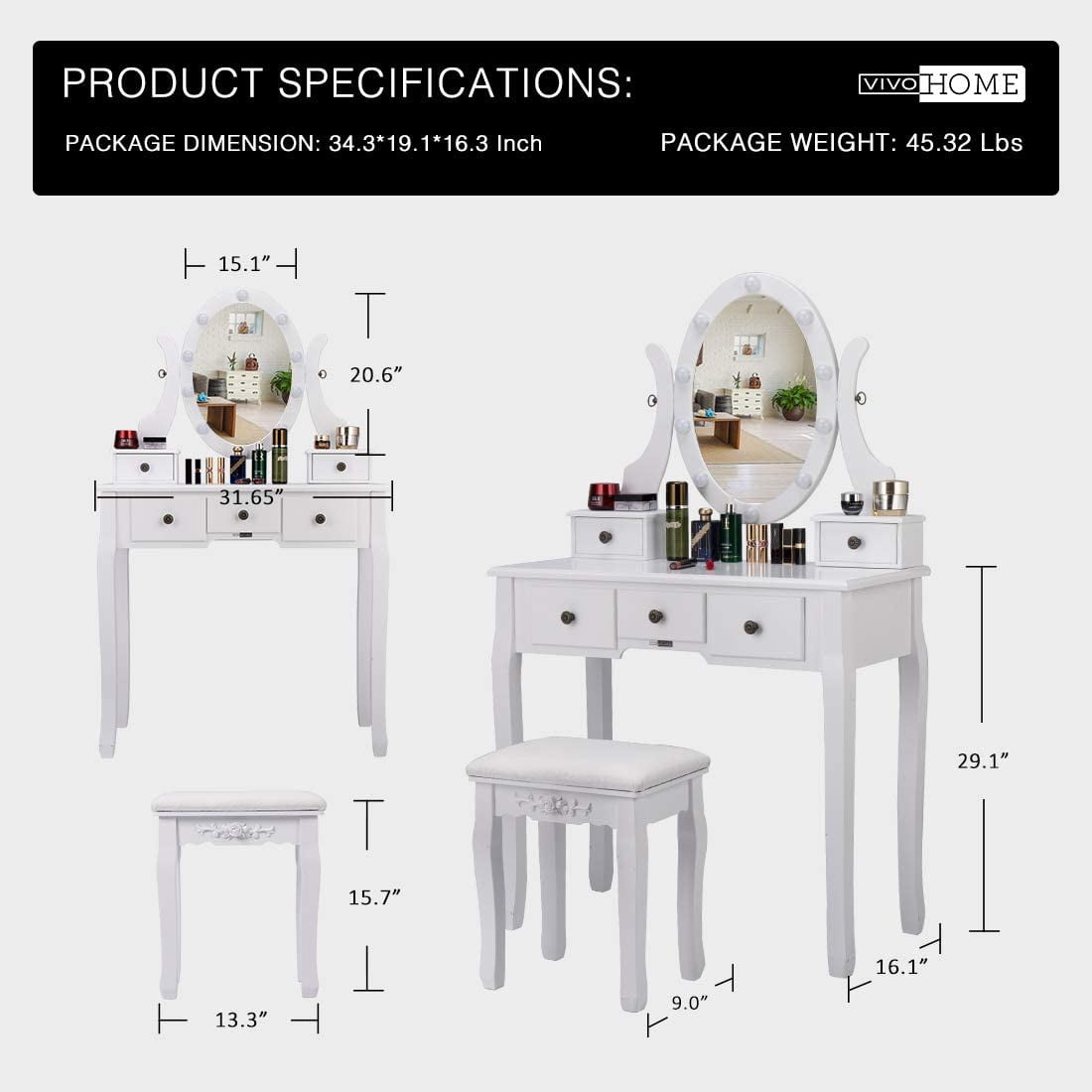 SPECSTAR Makeup Vanity Set with 10 Dimmable LED Bulbs, Dressing Table with 360° Rotating Lighted Mirror and Cushioned Stool, White - Image 6