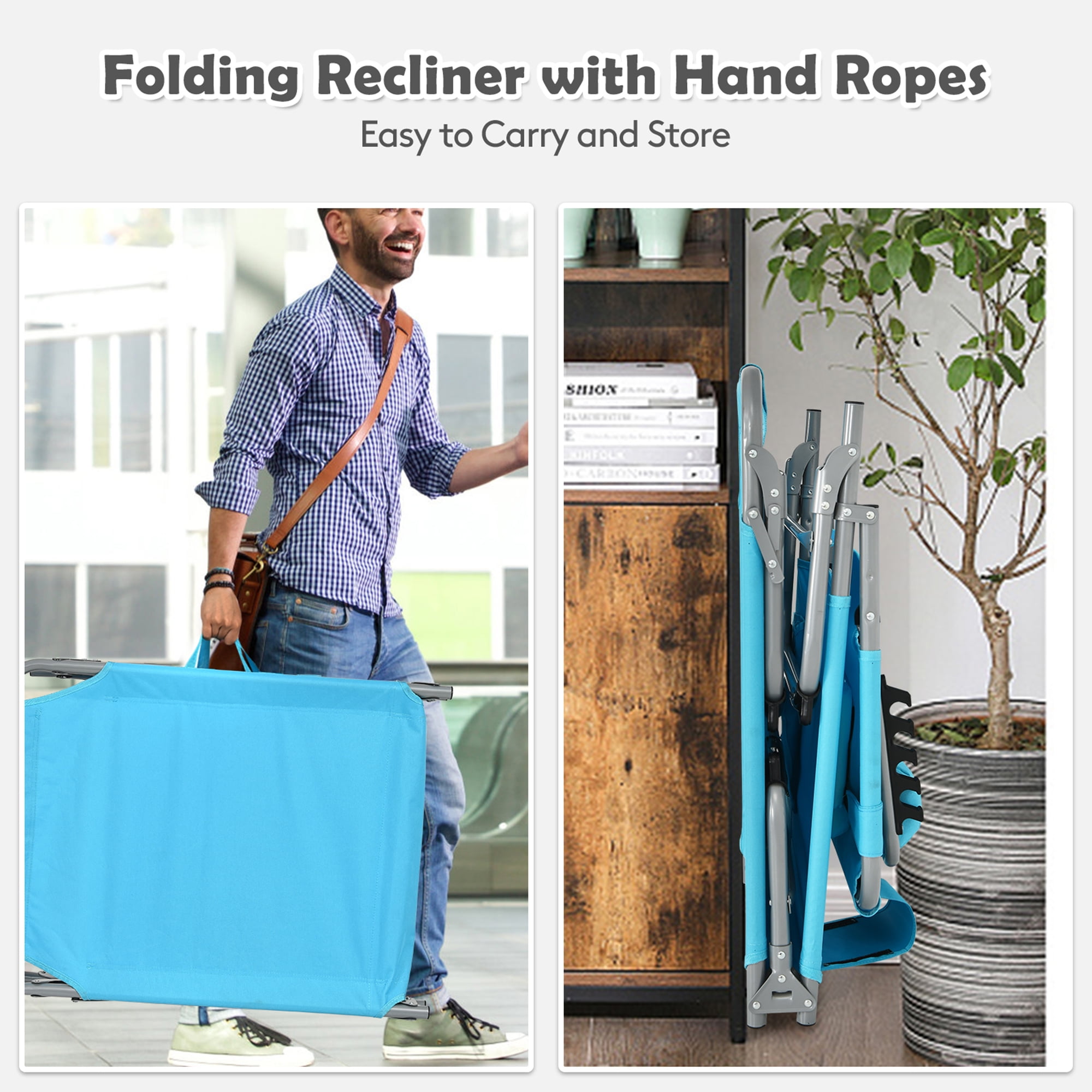 Gymax Portable Beach Chaise Lounge Chair Folding Reclining Chair w/ Facing Hole Turquoise - Image 10