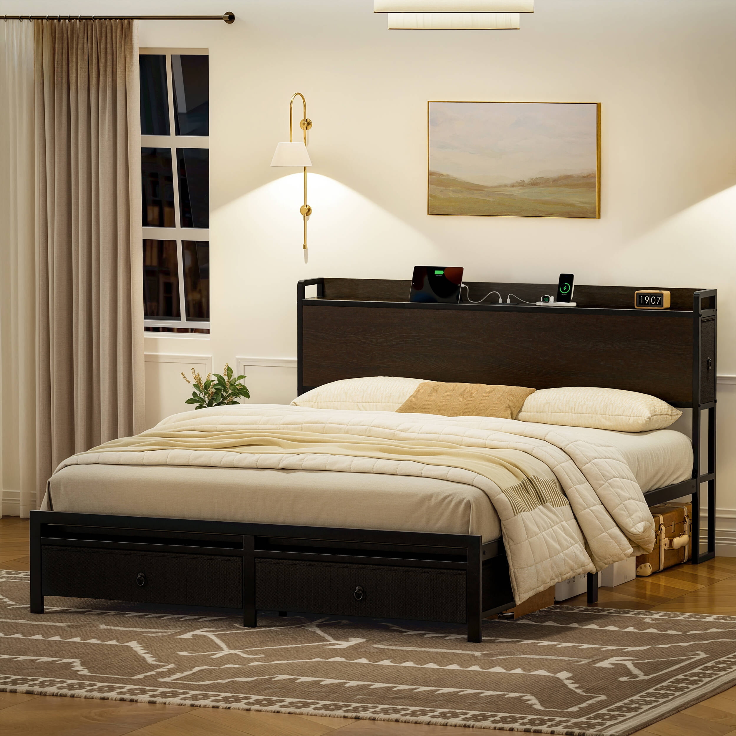 GUNAITO Queen Bed Frame with Storage Headboard Platform Bed with 2 Drawers Metal Bed with Charging Station, Dark Brown - Image 5