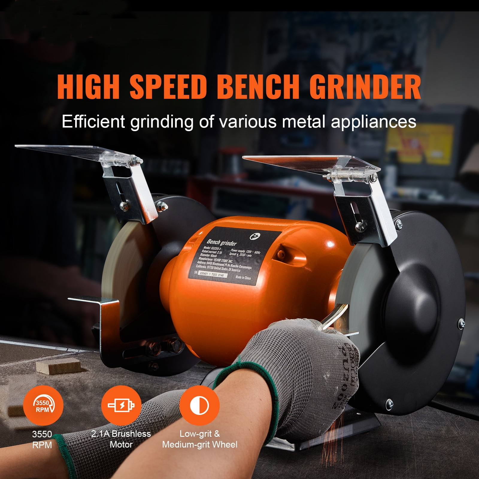 VEVOR Bench Grinder, 6 inch Single Speed Bench Grinder with 2.1A Brushless Motor 3550 RPM Table Grinder with 36/80-Grit Grinding Wheels for Grinding, Sharpening Application - Image 4