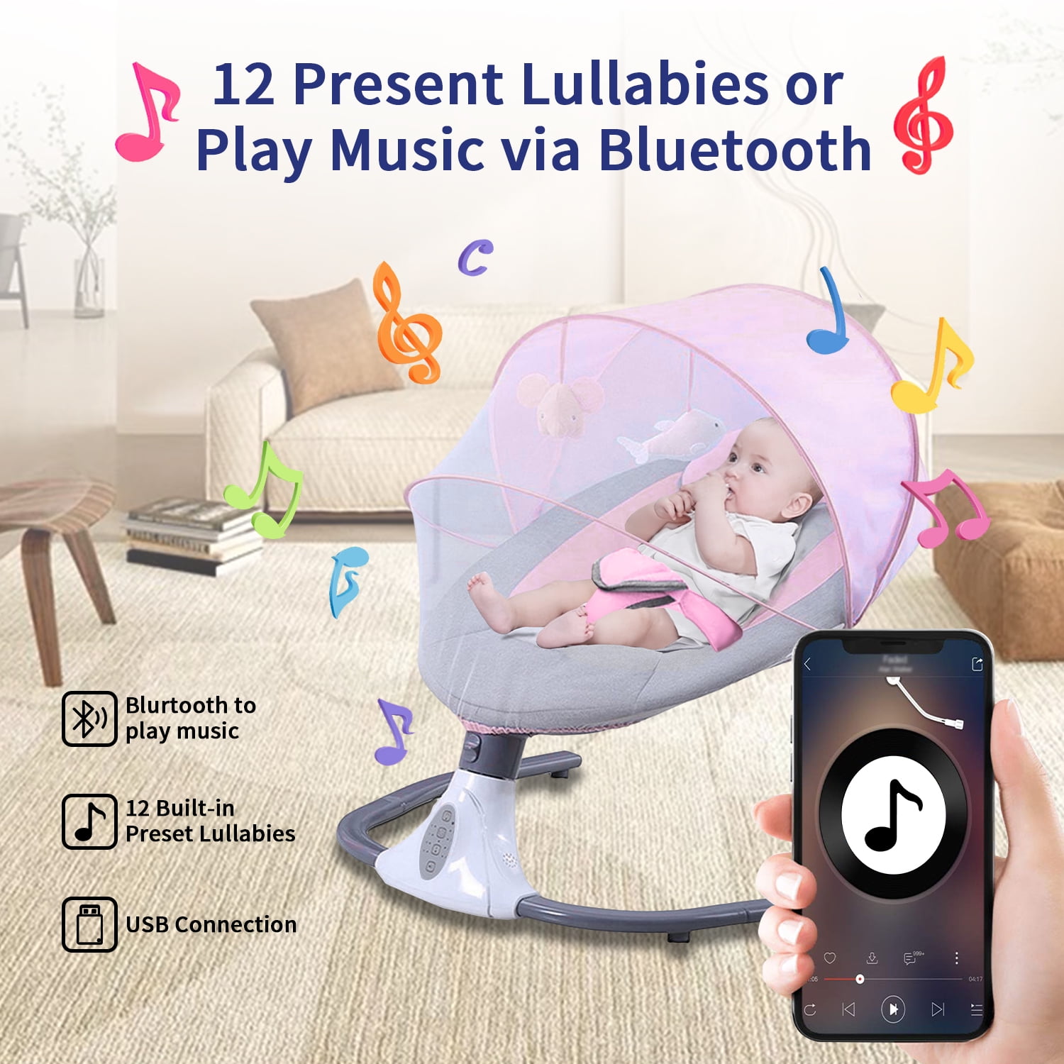 HAOUUCYIN Electric Baby Swing, bluetooth Music Infant Swing with 12 Lullabies for Boys Girls, Pink - Image 5