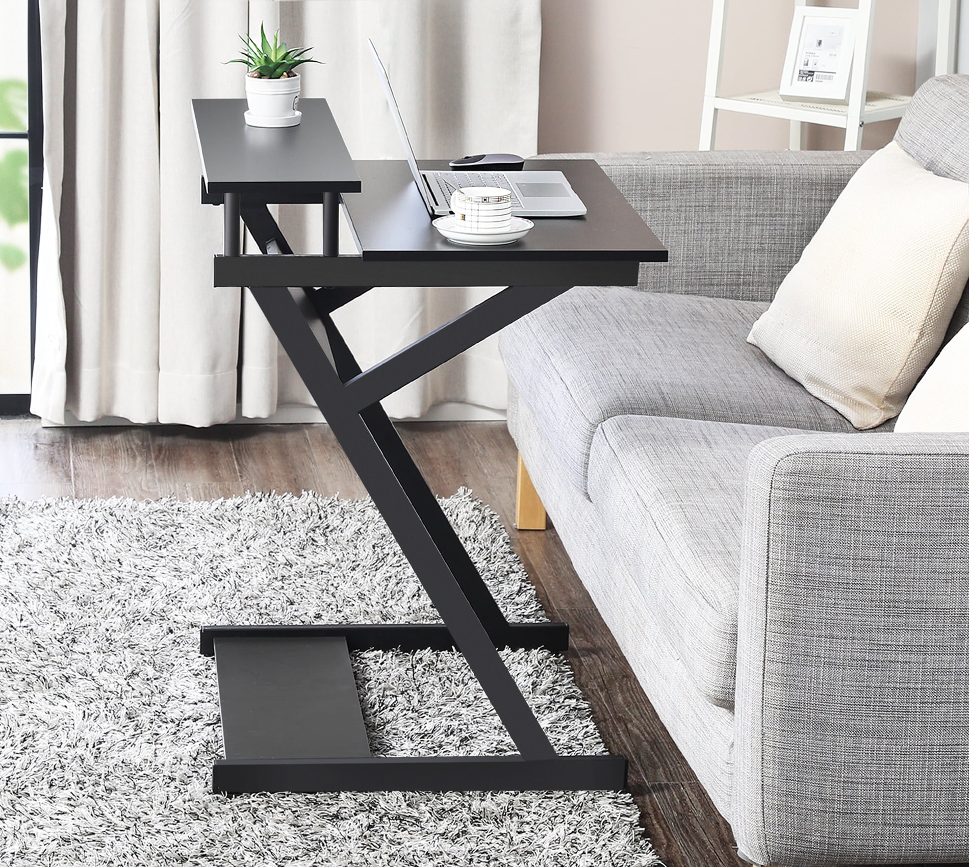 27-Inch Computer Desk for Small Spaces,Small Desk with Monitor Shelf & Bottom Storage Shelves, Unique Z-Shaped Compact Study Writing Table for Home Office, Black - Image 4