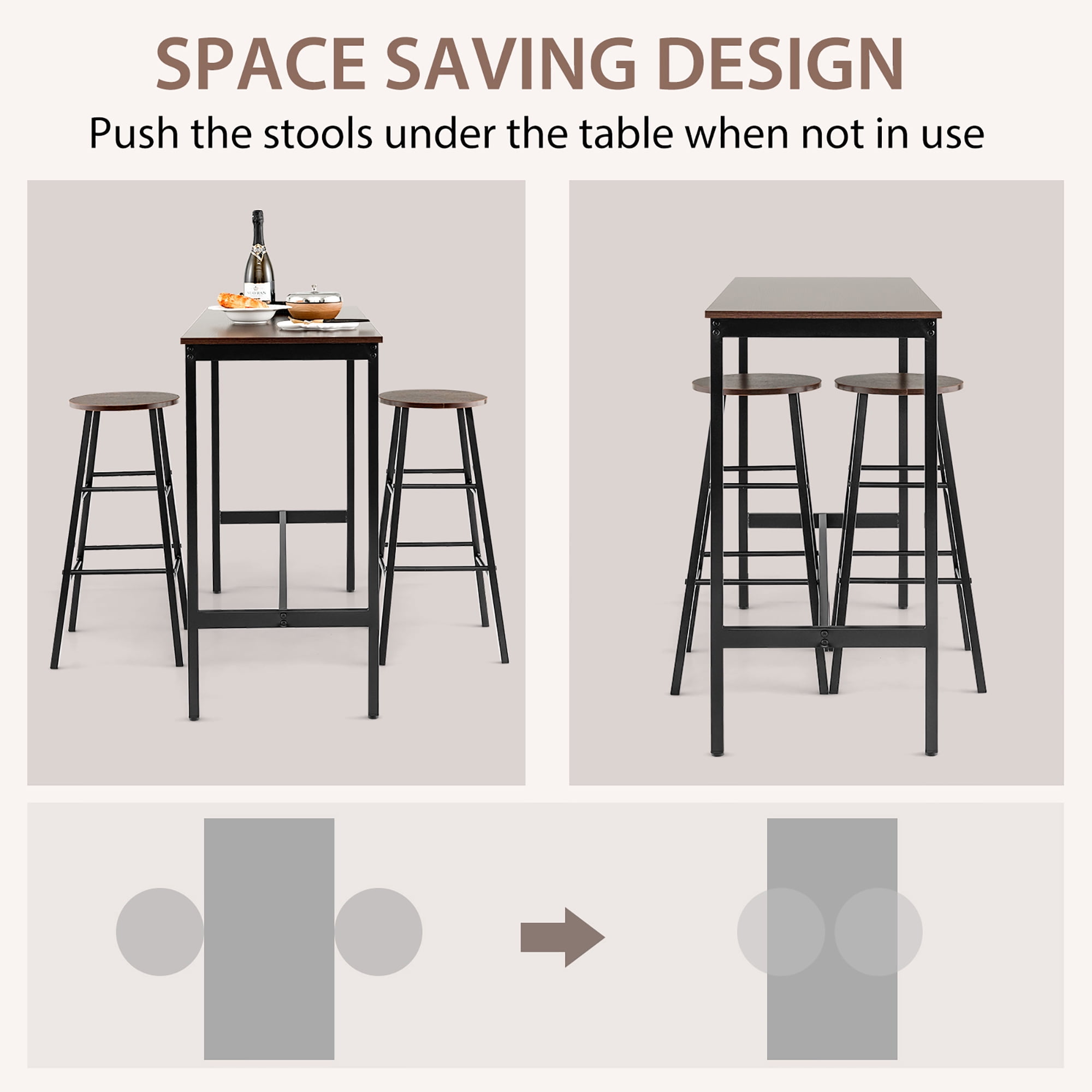 Costway 3-Piece Bar Table Set Pub Kitchen Dining Table w/ 2 Round Stools Black & Brown - Image 2