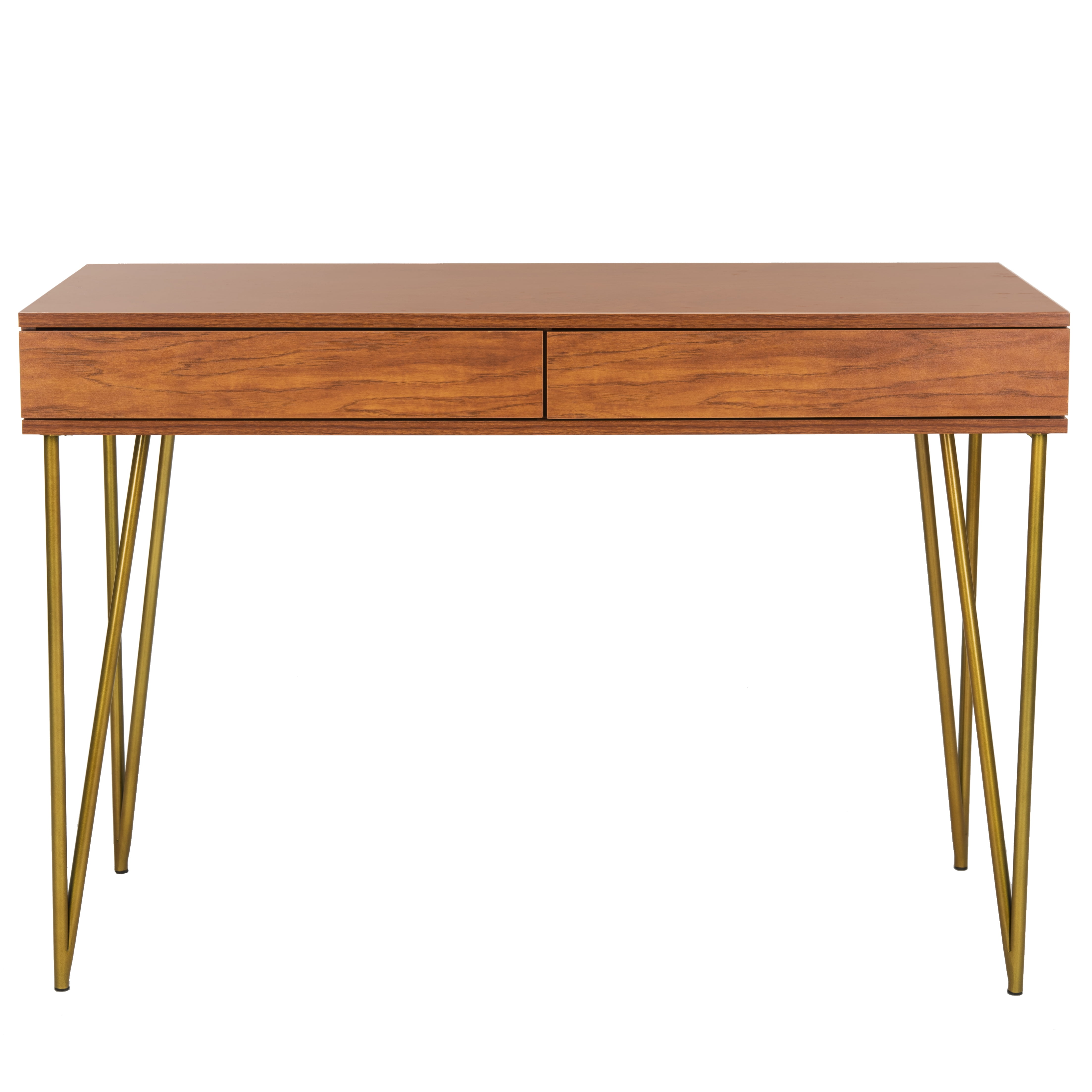 SAFAVIEH Pine Solid Mid-Century 2 Drawer Desk, Natural/Gold - Image 3
