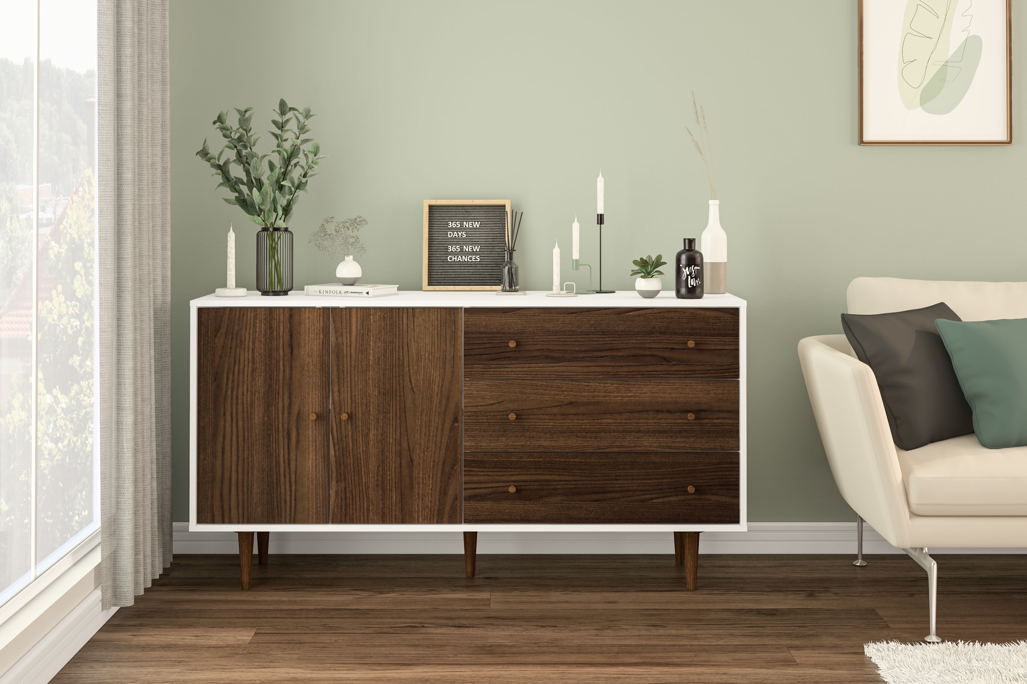 Polifurniture Pasadena Modern Sideboard with 2 Doors and 3 Drawers, White & Walnut - Image 19