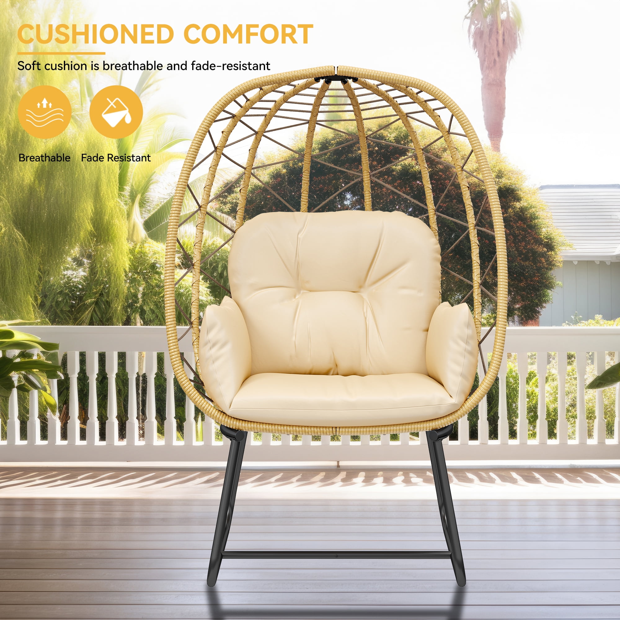 Dextrus Outdoor & Indoor Egg Chair with Stand, Wicker Rattan Lounge Chair, Cushion & Ottoman, Beige - Image 2