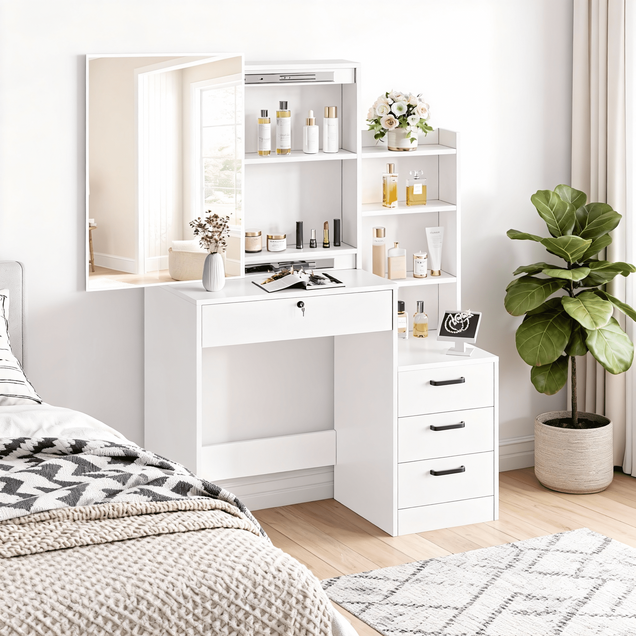 SUGIFT White Lighted Makeup Vanity Table with Sliding Sliding Mirror, Modern Dressing Table Desk with Storage for Bedroom - Image 6