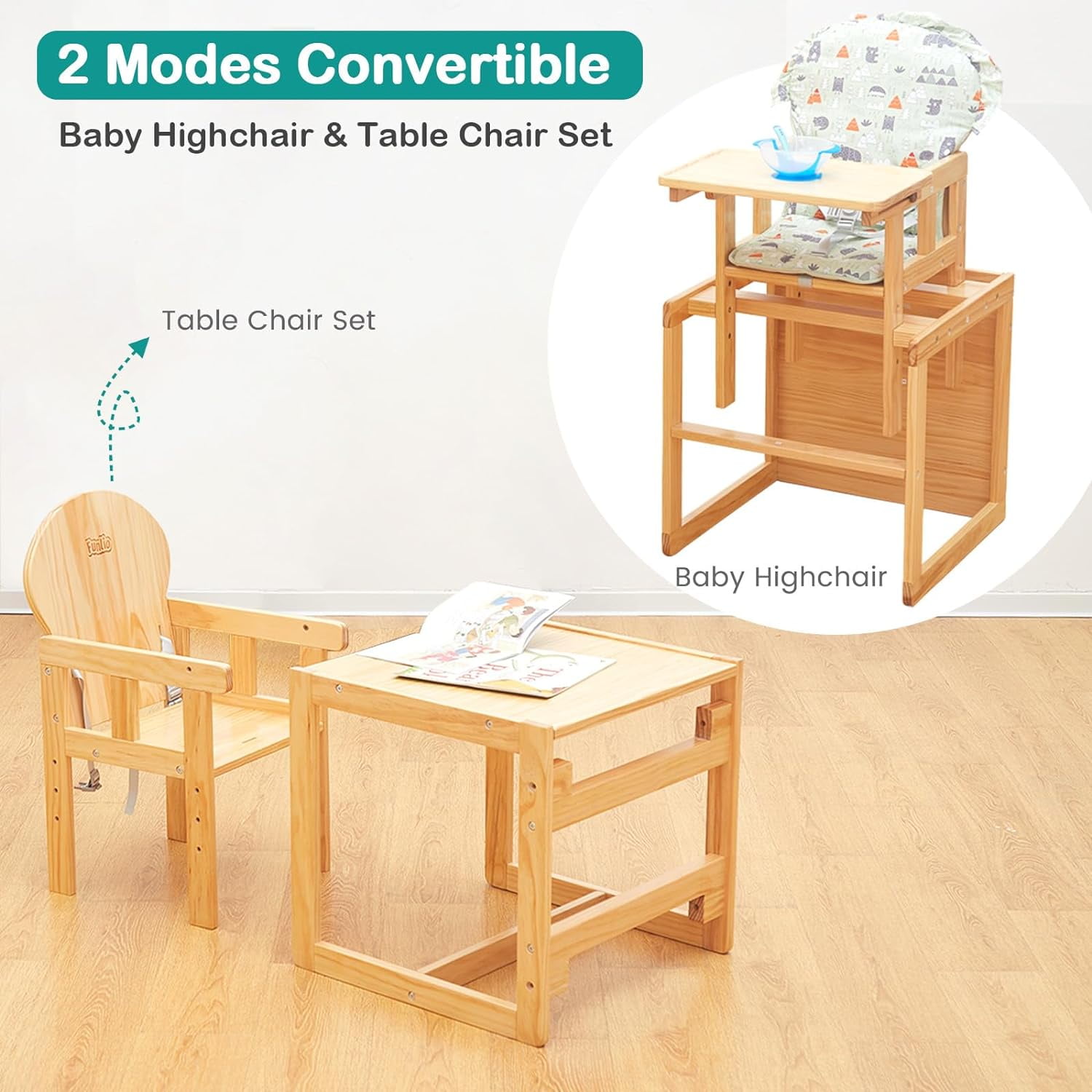 FUNLIO Wooden High Chair, 2-in-1 Convertible HighChair for Toddlers 0.5-6 Years, Height Adjustable for Babies,Premium Solid Wood with Detachable Tray/Cushion/Safety Belt, CPC Approved - Image 5