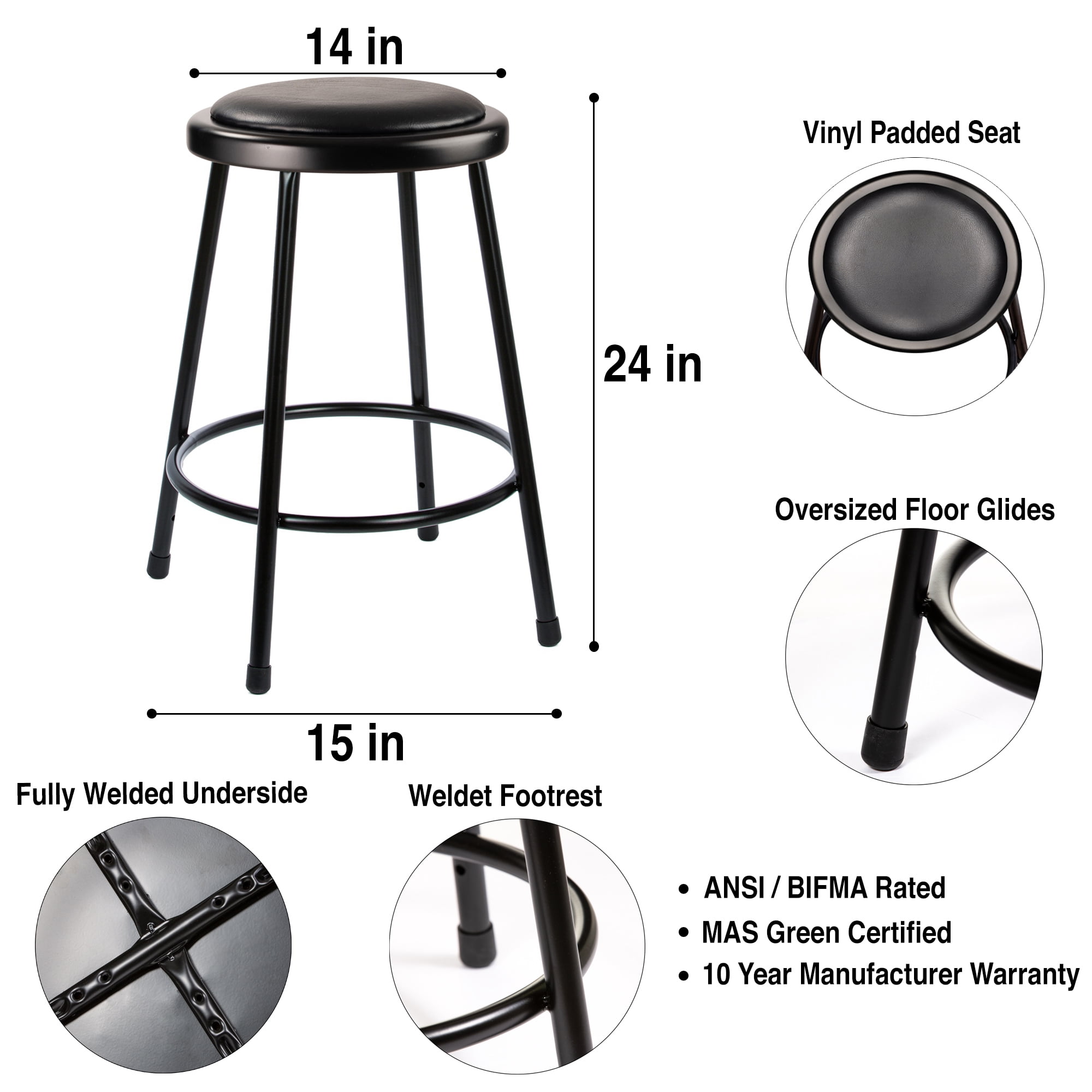 Hampden Furnishings Otto Collection 24" Padded Science Stool, Black, Pack of 2 - Image 4