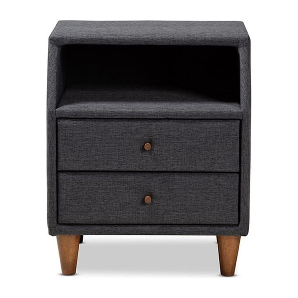 Baxton Studio Claverie Mid-Century Modern Charcoal Fabric Upholstered 2-Drawer Wood Nightstand - Image 2