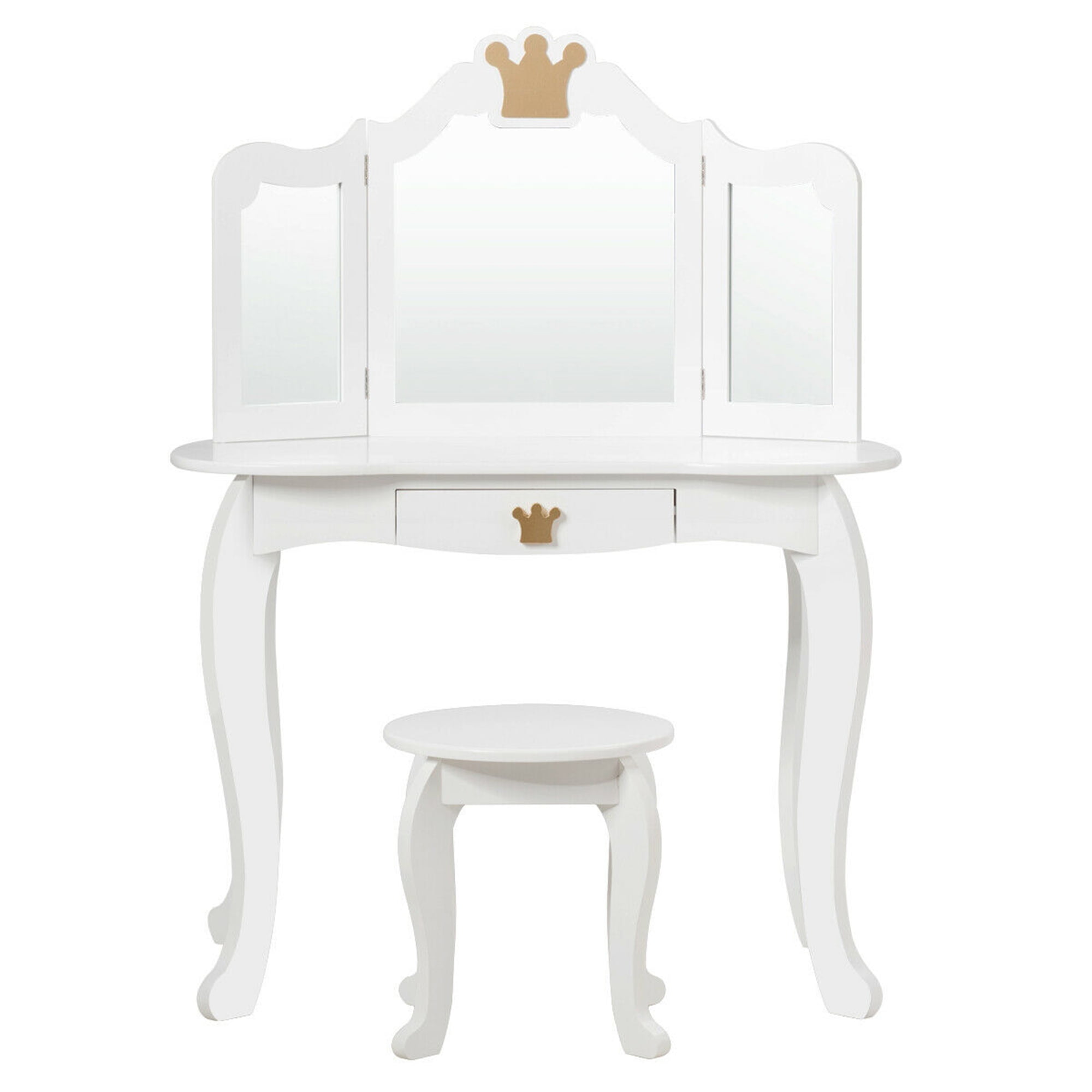 Gymax Kids Makeup Dressing Table Chair Set Princess Vanity & Tri-folding Mirror White - Image 8