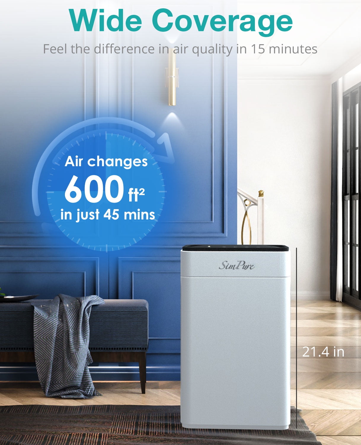 SimPure HP8 HEPA Air Purifier Air Filter Cleaner for Large Room 800 Sq Ft, Removal Allergies, Fire Smoke, Dust, White - Image 2