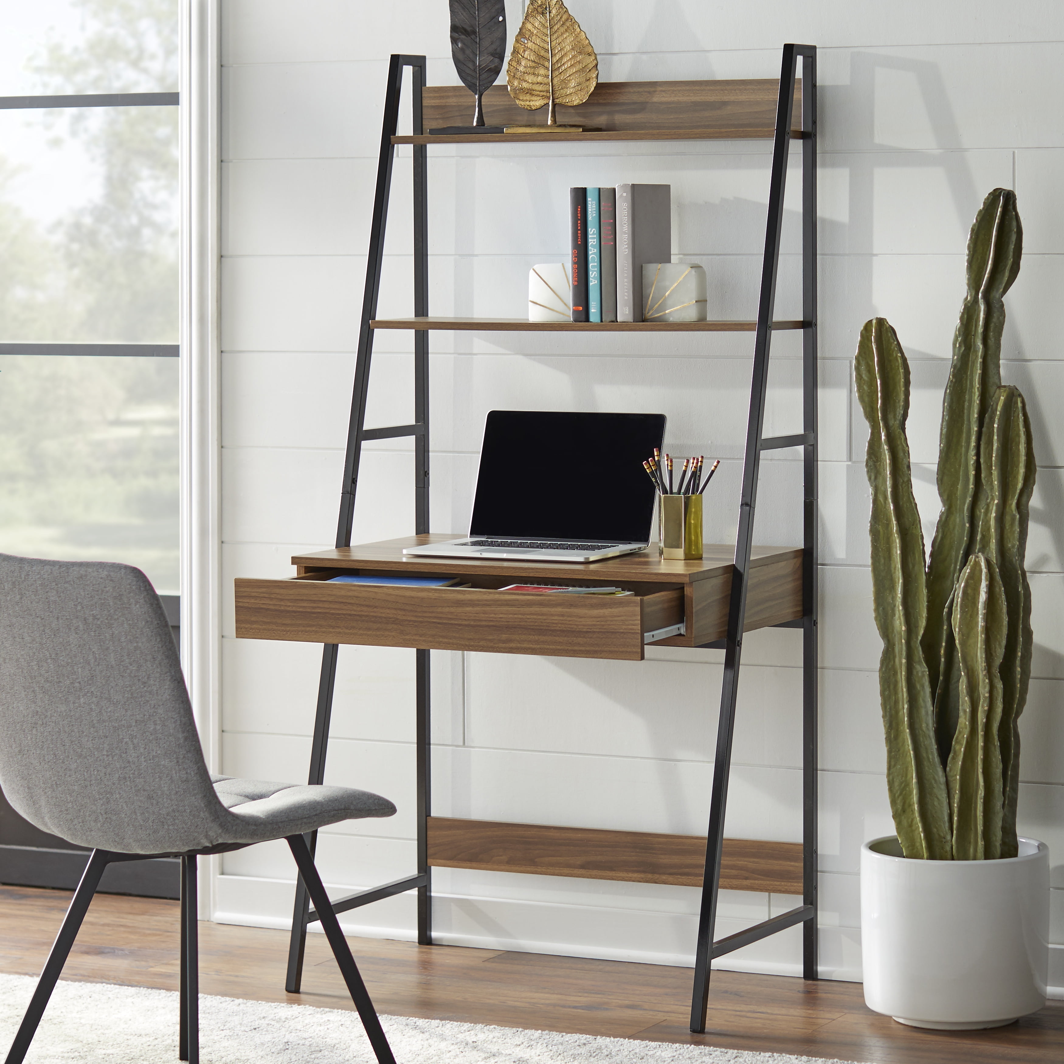 TMS Denton Vertical Metal Frame Ladder Desk, Walnut and Black Finish - Image 2