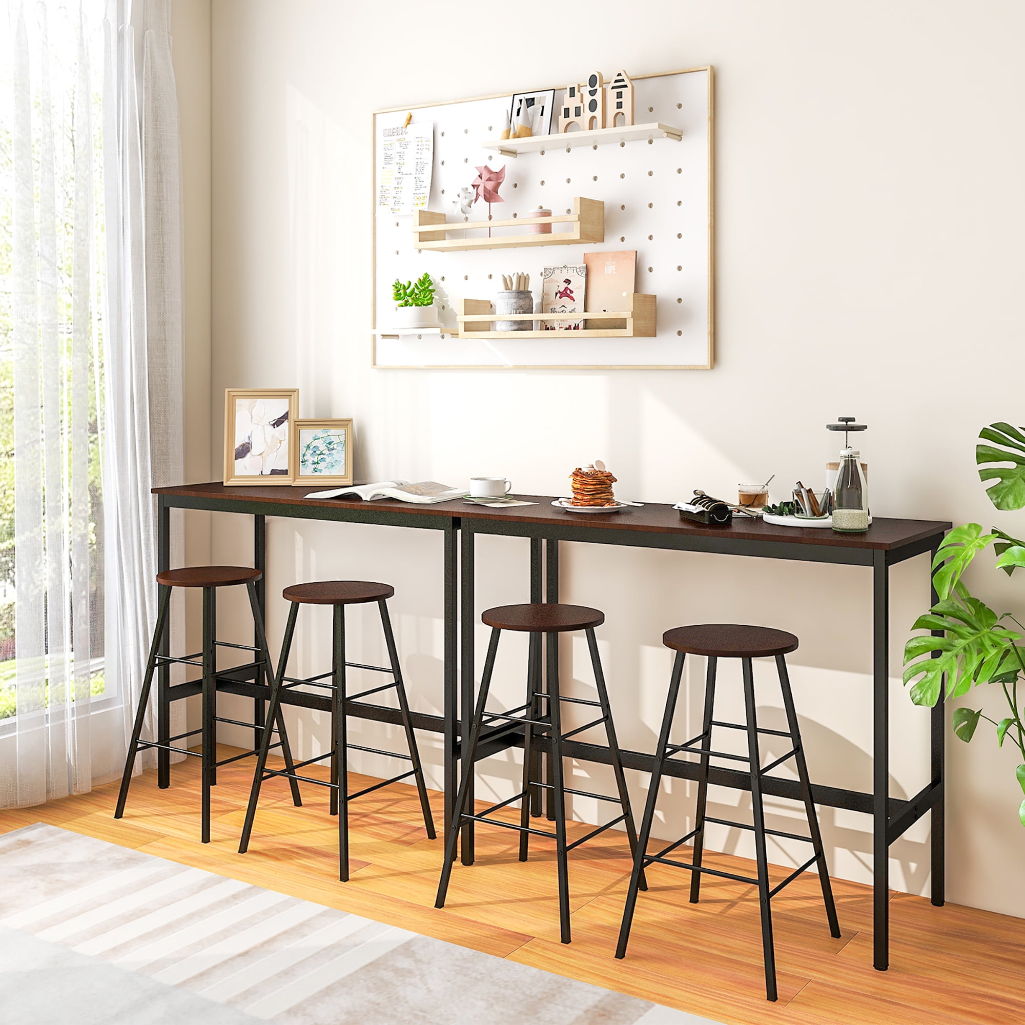 Costway 3-Piece Bar Table Set Pub Kitchen Dining Table w/ 2 Round Stools Black & Brown - Image 7
