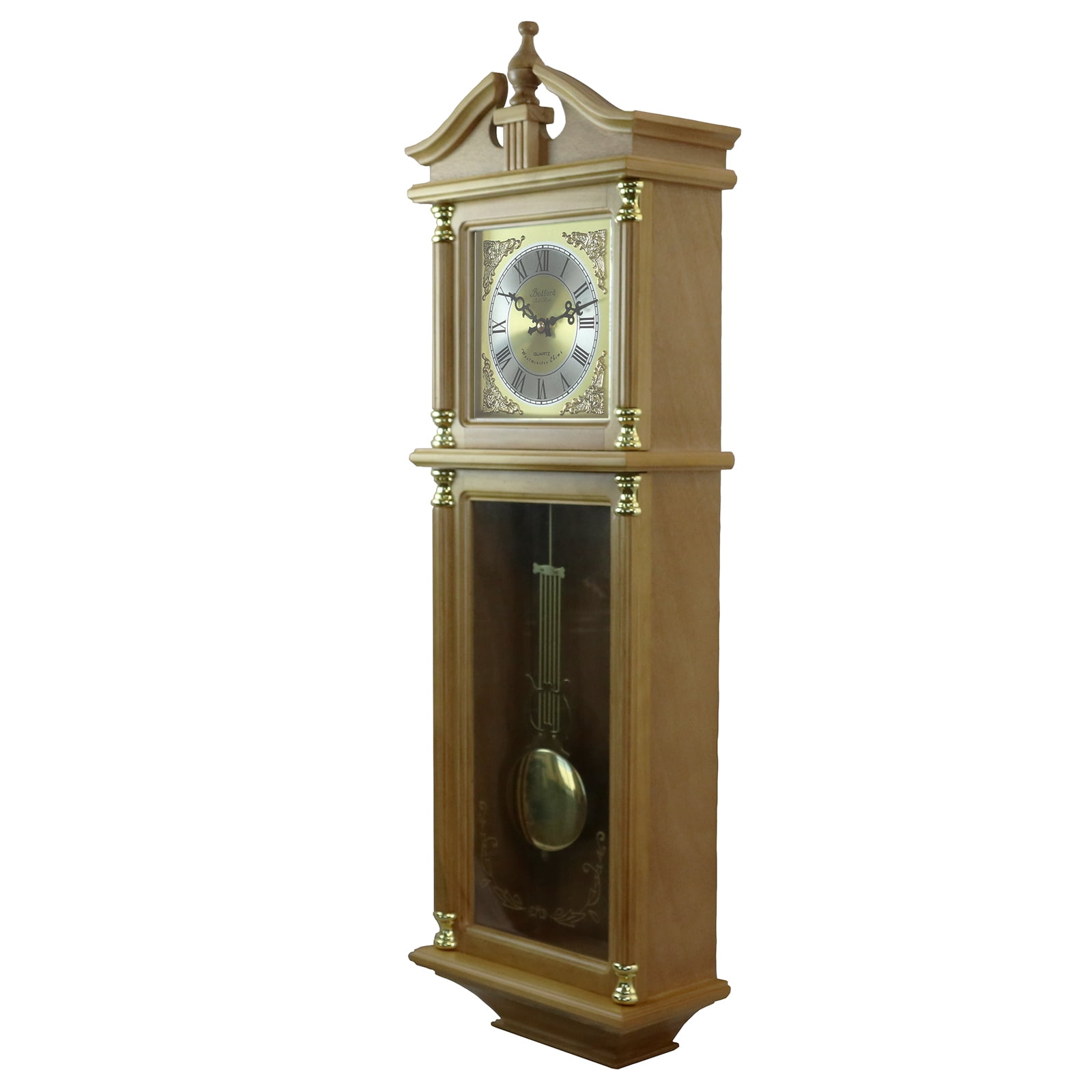 Bedford Clock Collection 34.5" Antique Chiming Wall Clock with Roman Numerals in a Harvest Oak Finish - Image 2