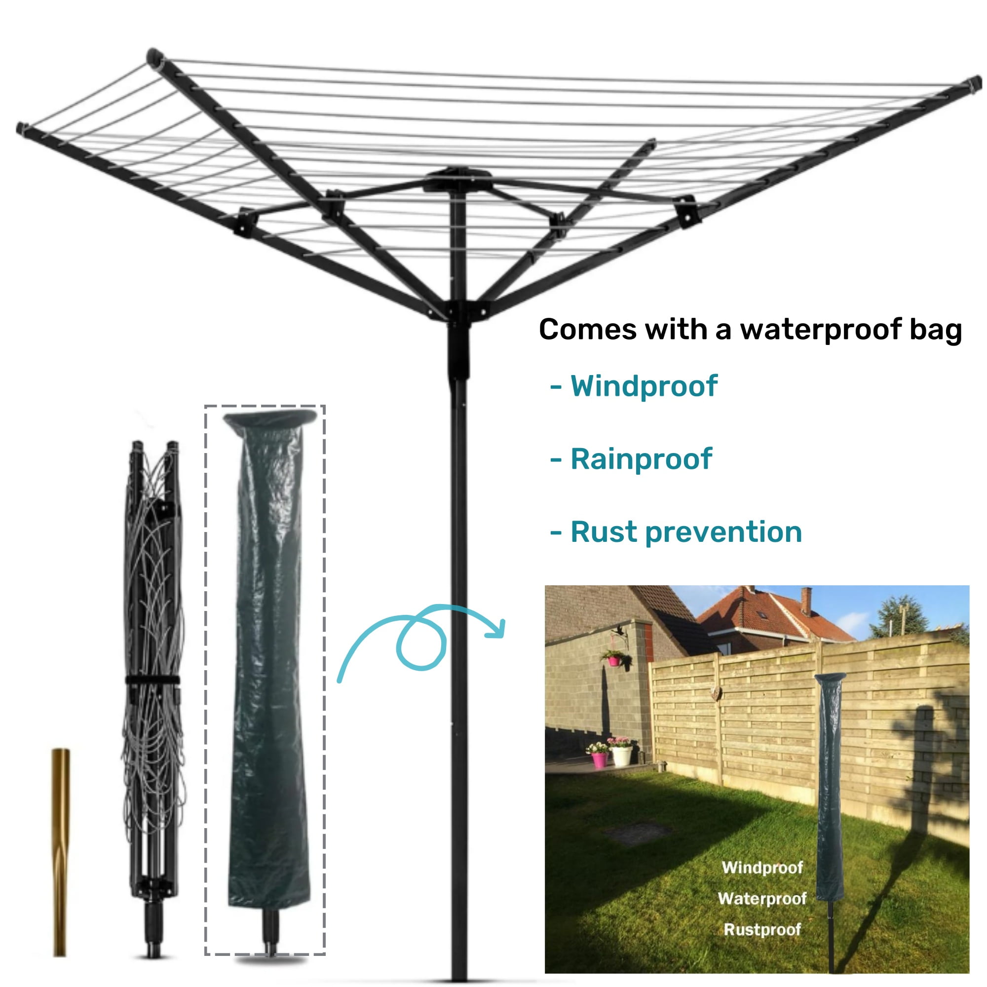 bimiti Outdoor Umbrella Clothes Dryer with 4-Aluminum Arms, Rotary Umbrella Drying Rack Adjustable Height 165 ft. Clothesline - Image 6