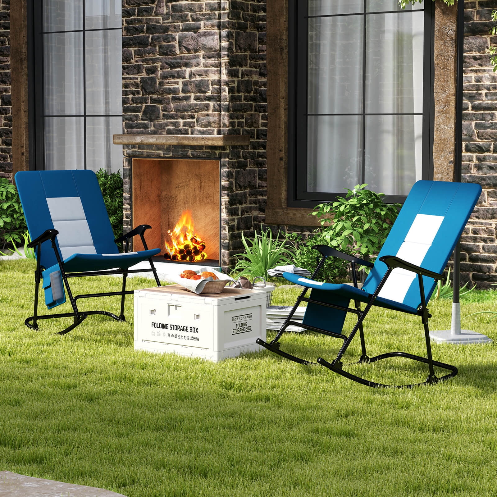 Costway Oversized Folding Rocking Chair with Metal Frame Armrests Side Pocket for Backyard - Image 6