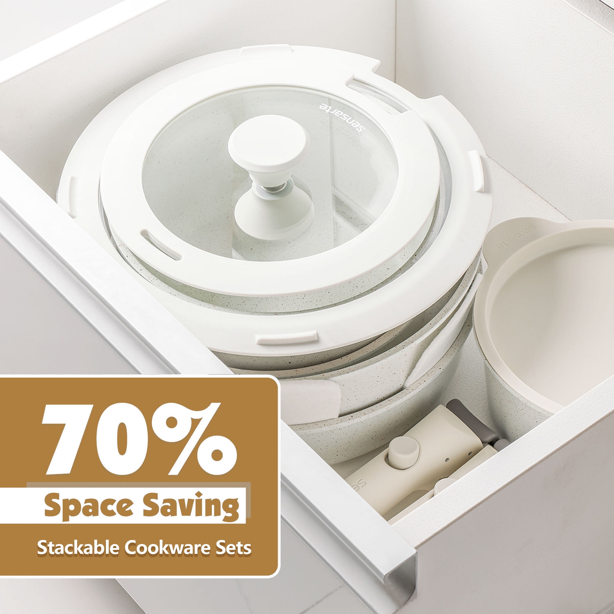 SENSARTE Nonstick Pots and Pans Set with Detachable Handle, 8Pcs Cookware Sets, Space Saving Induction Kitchen Cookware Sets, Dishwasher/Oven Safe(White) - Image 7