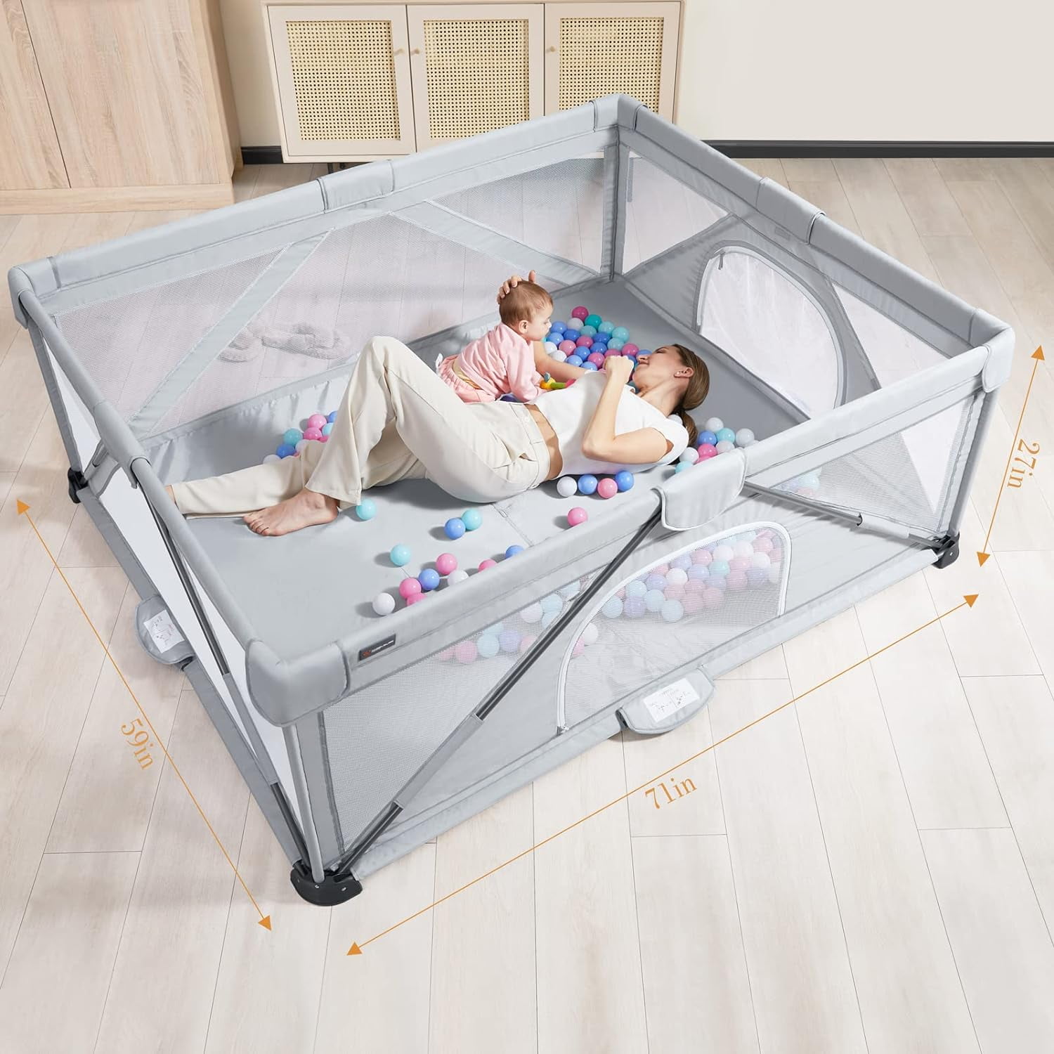 Angelbliss Foldable Baby Playpen for Toddlers, Indoor & Outdoor Activity Center, Portable Play Yard with 2 Handlers+50 Balls (71"×59",Grey) - Image 4